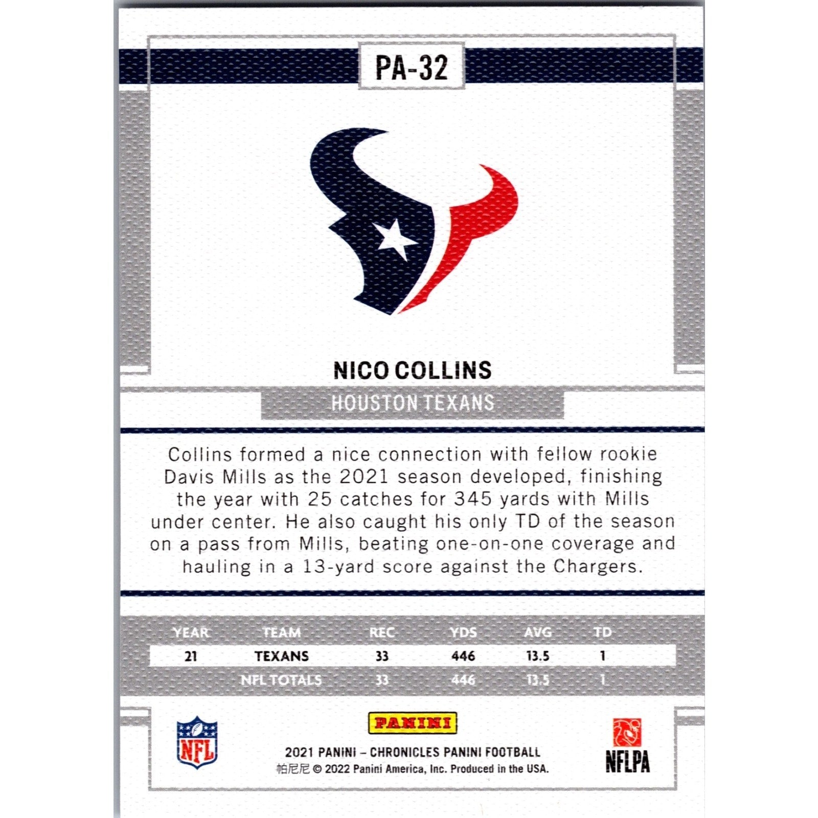 Nico Collins 2021 Panini Chronicles RC #PA-32 - Houston Texans All Pro