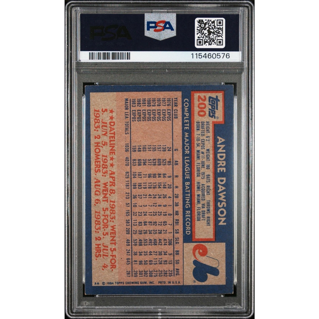 Back view of Andre Dawson 1984 Topps #200 PSA DNA authenticated autograph card