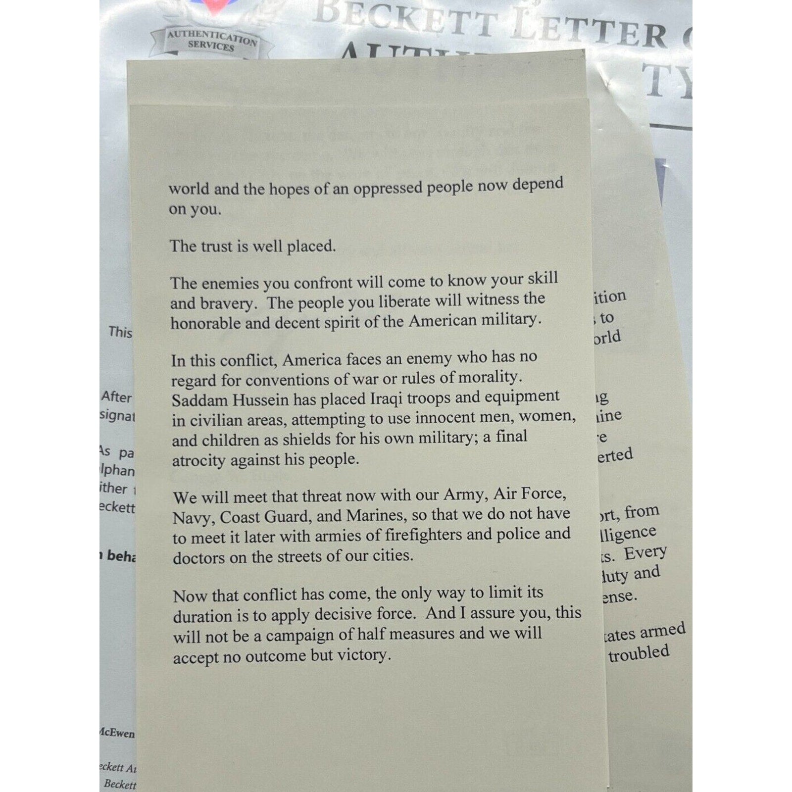 43 President George W Bush USA Signed Speech Operation Iraqi Freedom Beckett COA