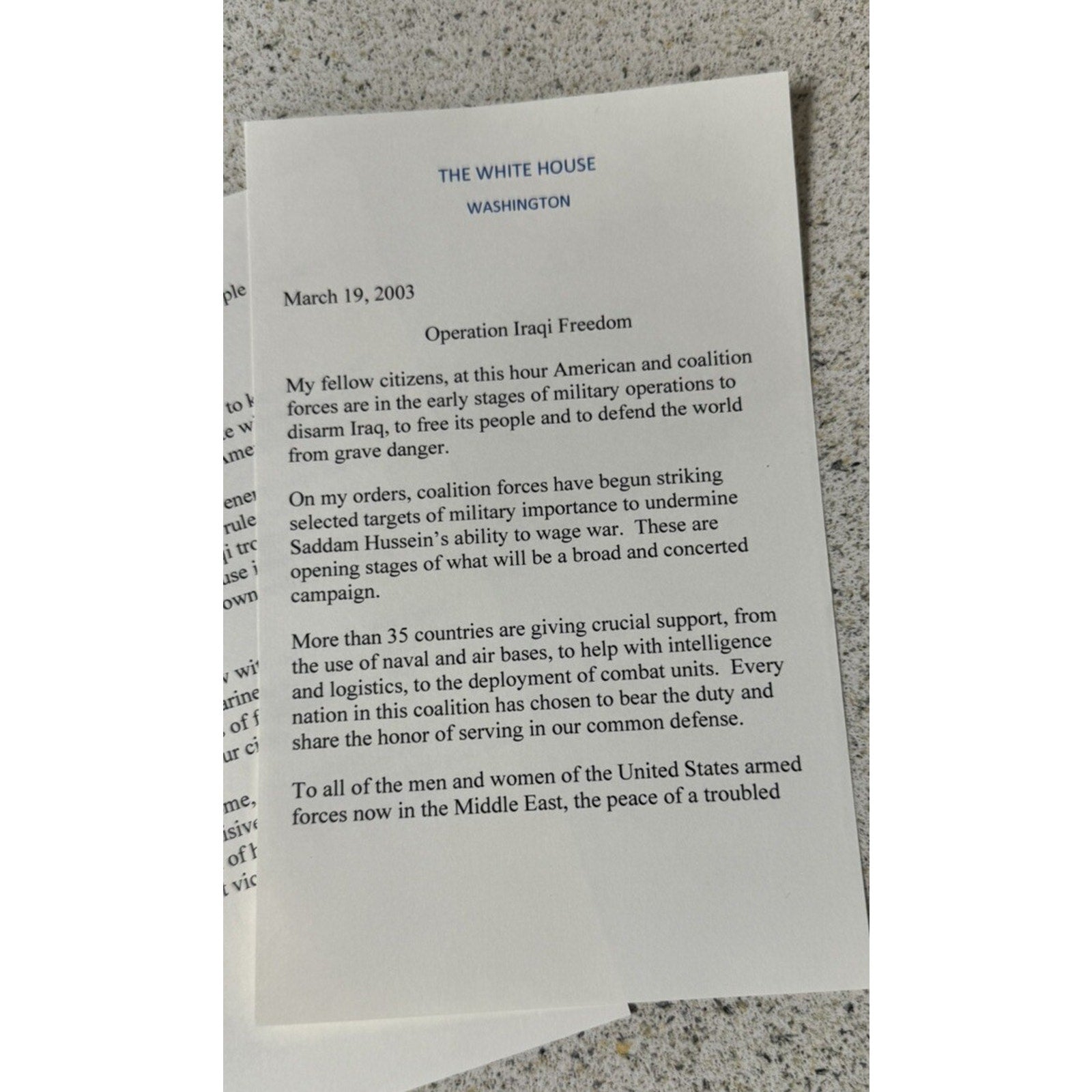 George W Bush Signed Souvenir Invading Iraq Speech COA 43 President USA