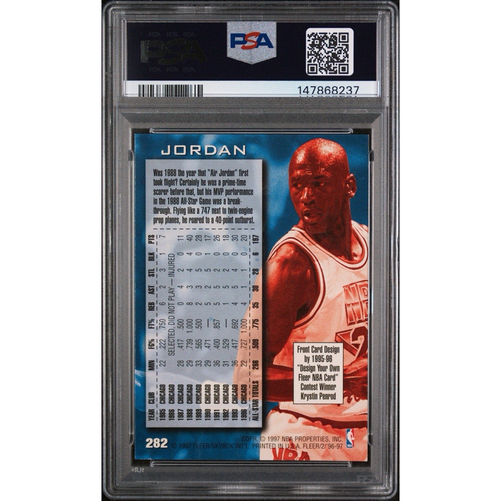 1996 Fleer Michael Jordan #282 PSA 7 Near Mint basketball card back featuring career statistics and player information