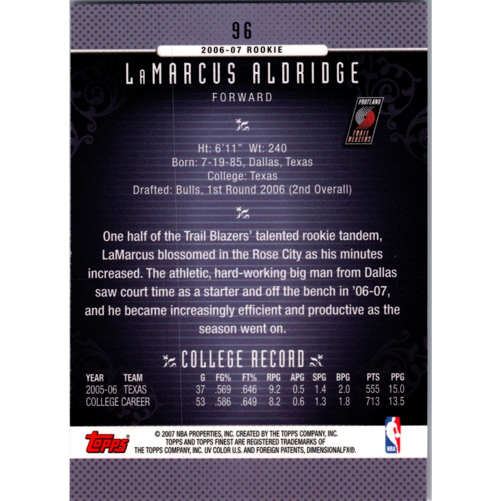 LaMarcus Aldridge 2006-07 Topps Finest Basketball #96 RC MINT