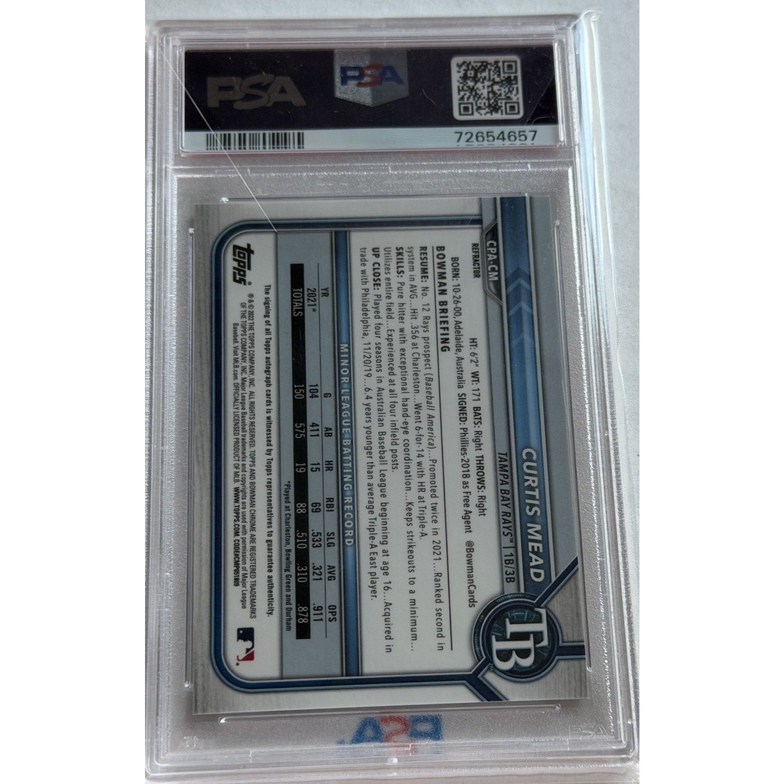 2022 Bowman Chrome #CPACM Curtis Mead Refractor 1st Bowman Auto /499 PSA 10