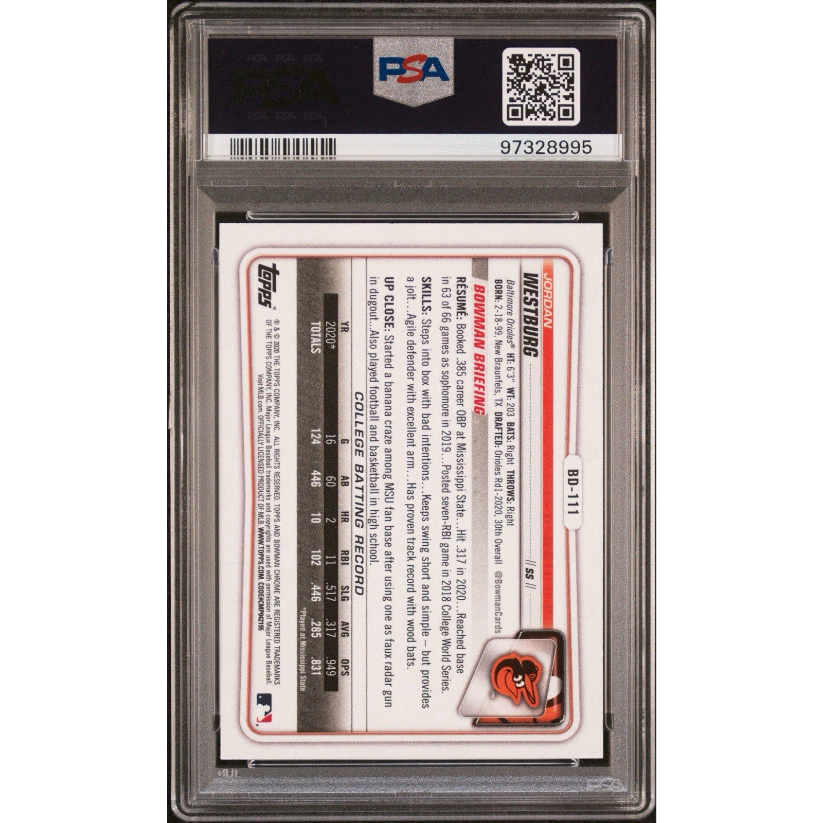 Jordan Westburg 2020 Bowman Draft 1st Chrome PSA 10 DNA Auto 10 Rookie #BD111