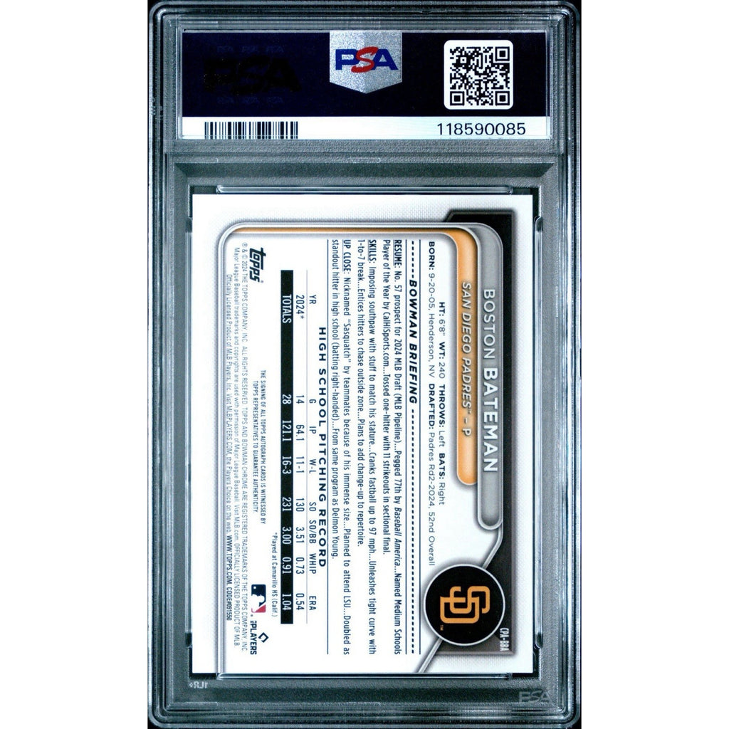 Boston Bateman 2024 Bowman Draft Rookie Auto Blue Refractor /150 #CPABBA PSA 10