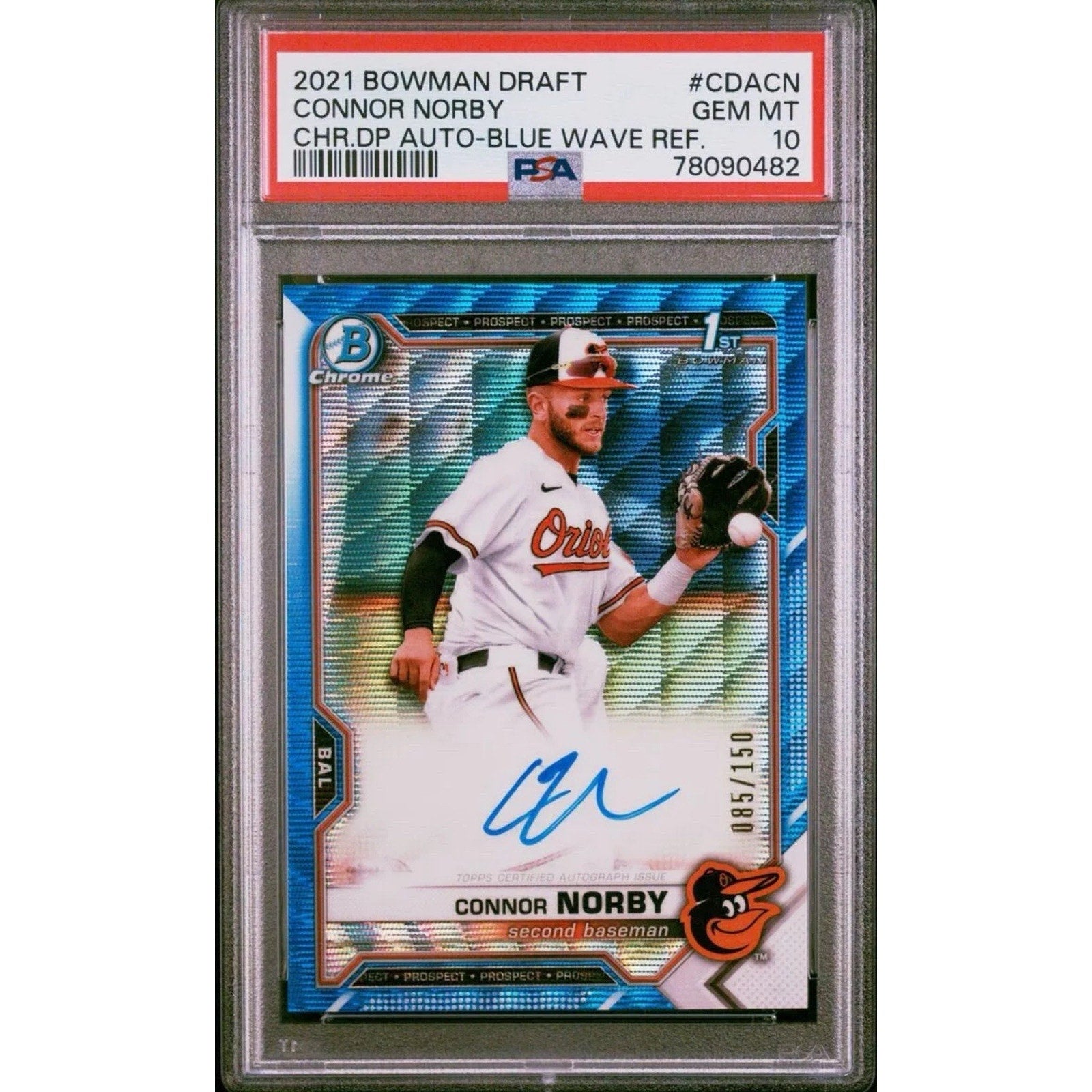 2021 Bowman Draft Connor Norby Auto Blue Wave Refractor /150 PSA 10 Chrome CDACN