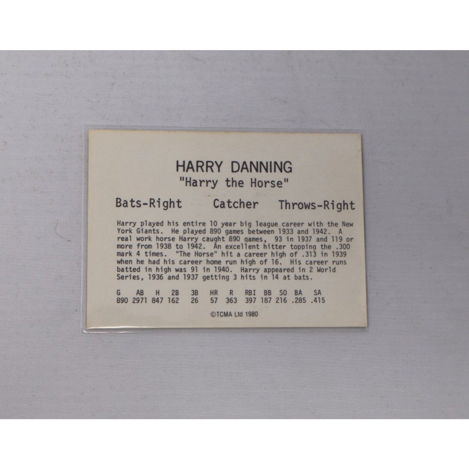 Harry Danning Auto 1980 TCMA All Time New York Giants #1980-HADA Autographed