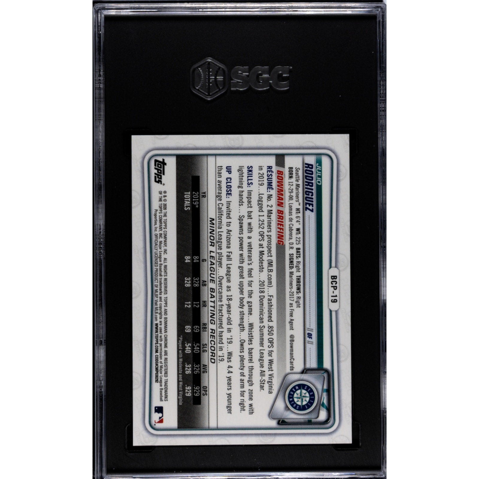 2020 Bowman Chrome Pros Speckle Refractor /299 BCP19 Julio Rodriguez SGC 9.5 RC