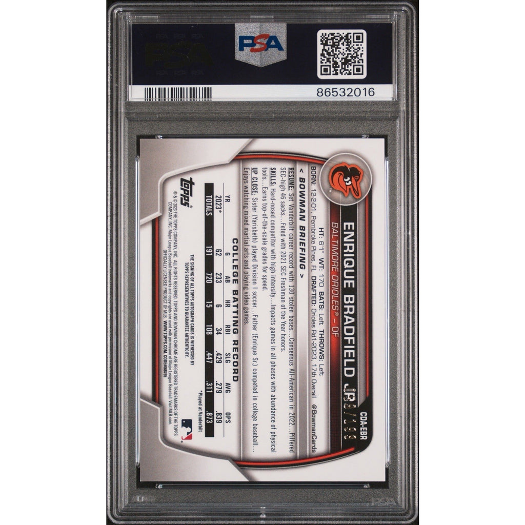 Back of 2023 Bowman Chrome Sapphire Enrique Bradfield Jr. 1st Bowman autograph card in PSA 9 Mint slab