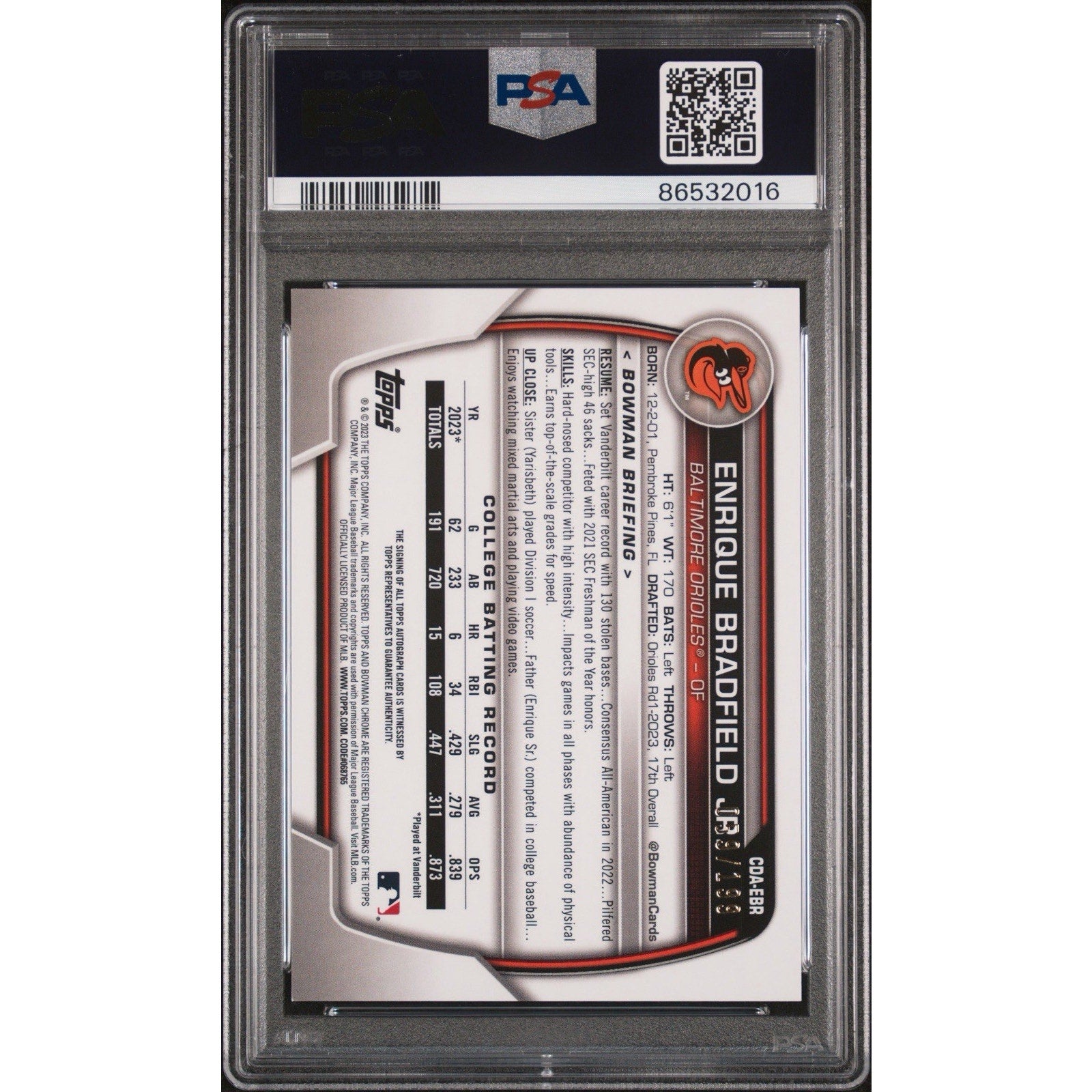 Back of 2023 Bowman Chrome Sapphire Enrique Bradfield Jr. 1st Bowman autograph card in PSA 9 Mint slab