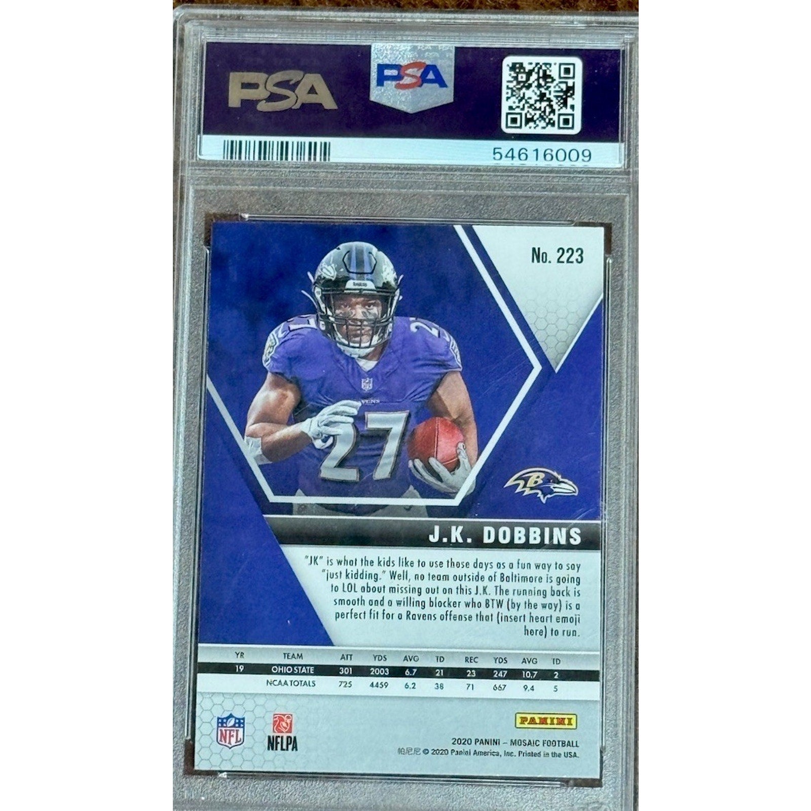 2020 Panini Mosaic JK Dobbins Rookie PSA 9 Baltimore Ravens #223 NFL