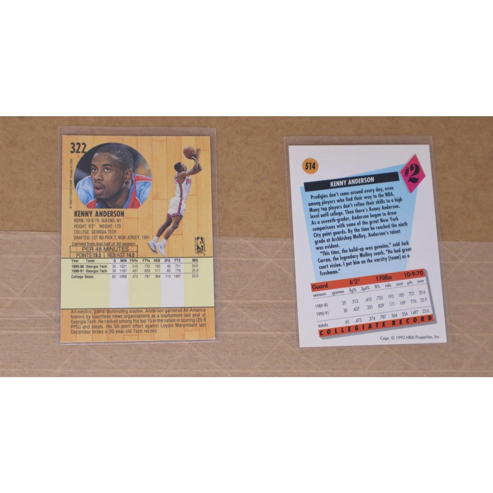 Lot Of 2 Kenny Anderson Signed Auto 1992 Fleer/Skybox Rookie Draft Cards Mint