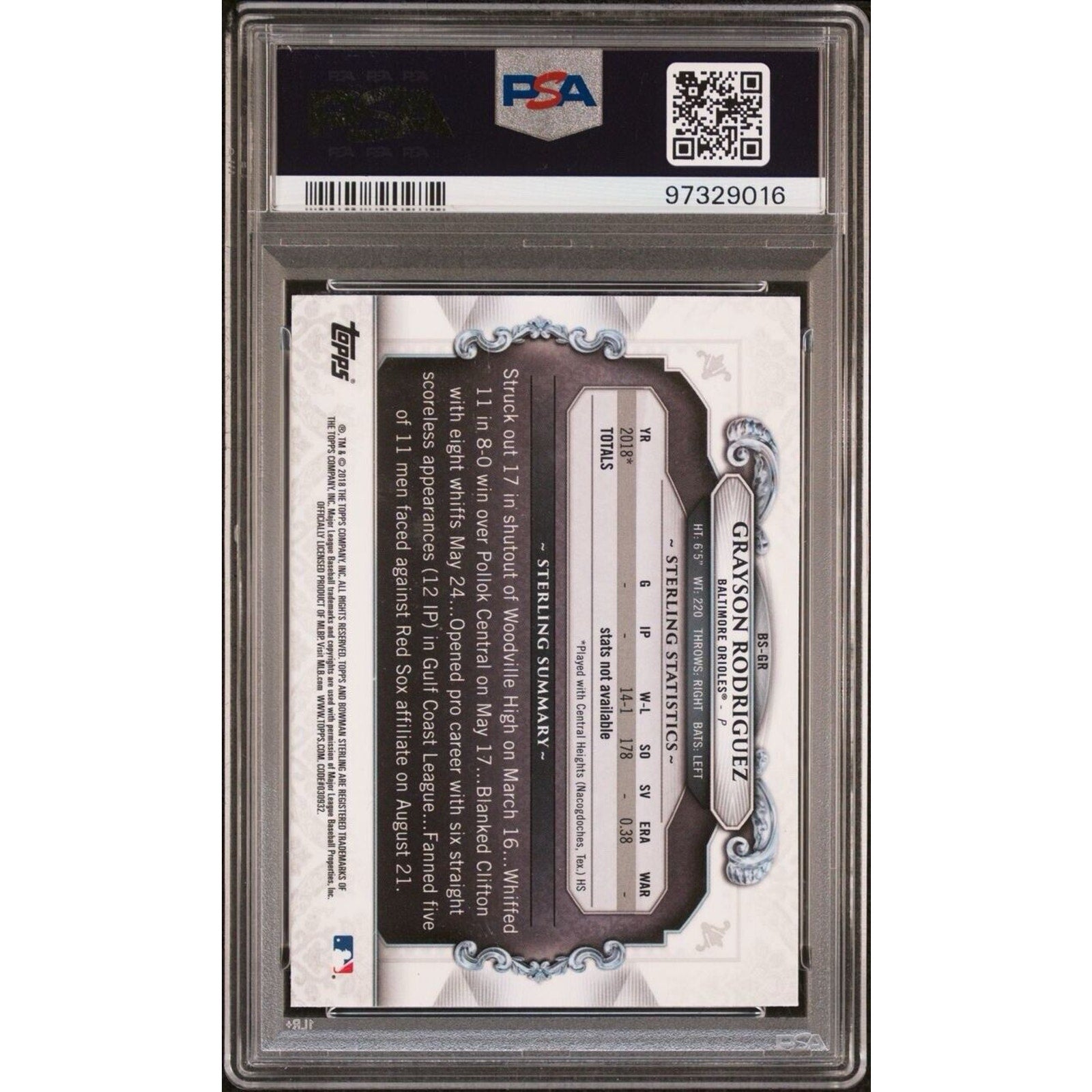 2018 Bowman Sterling Grayson Rodriguez BS-GR Rookie PSA 9 Auto DNA 10 RC Orioles