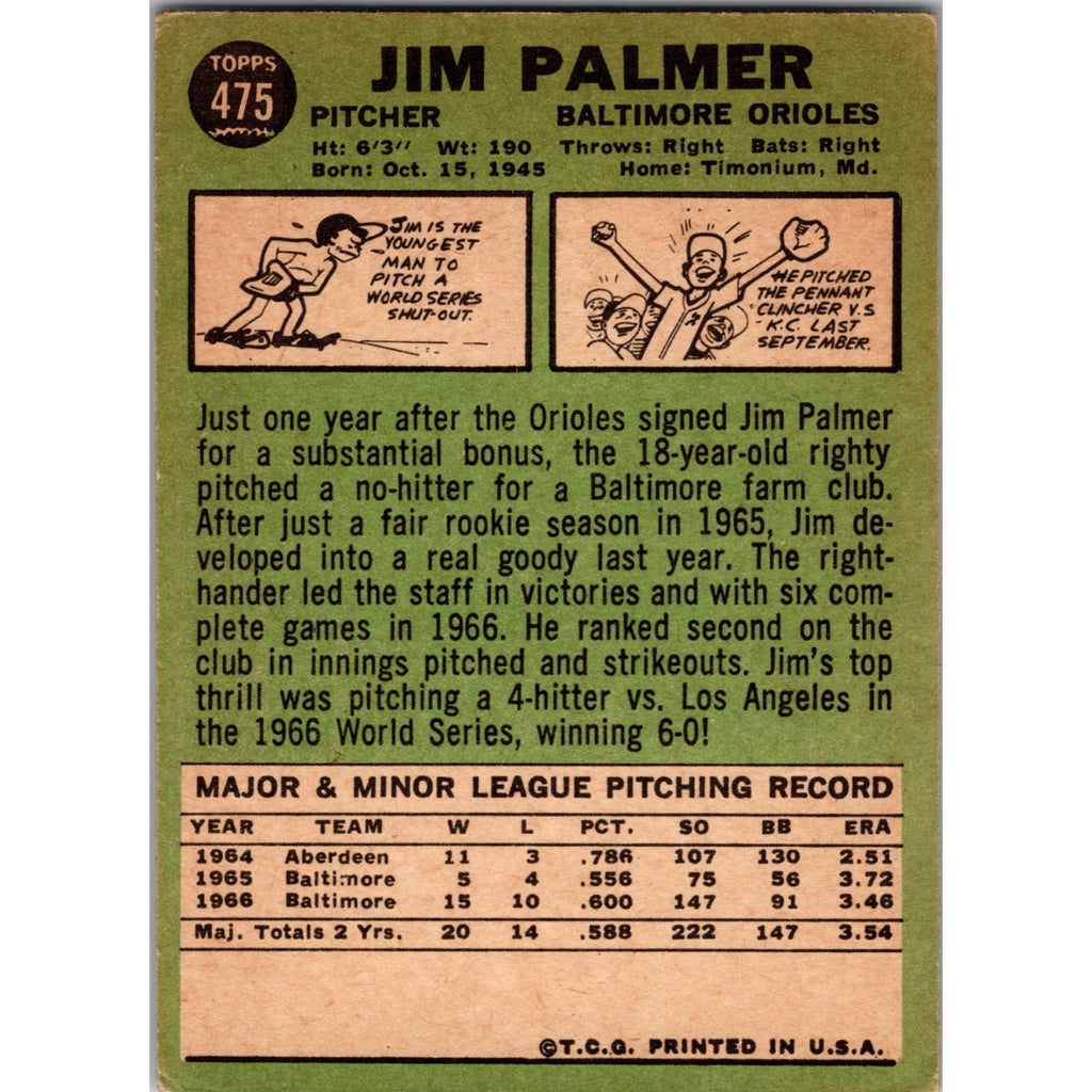Jim Palmer 1967 Topps #475 2nd Year EX+