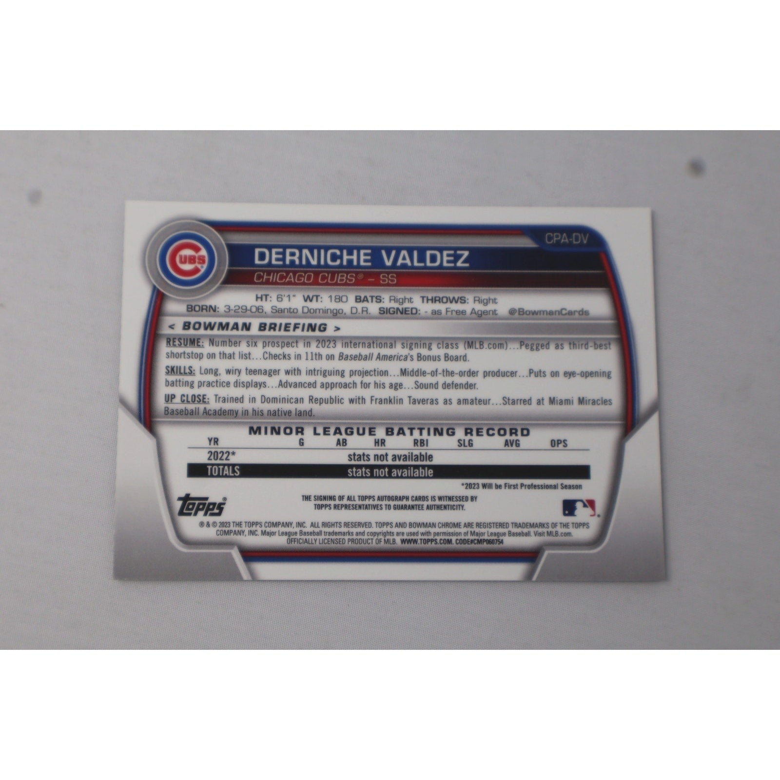 2023 Bowman Chrome Derniche Valdez 1st Prospect Auto /299 Speckle #CPA-DV Mint