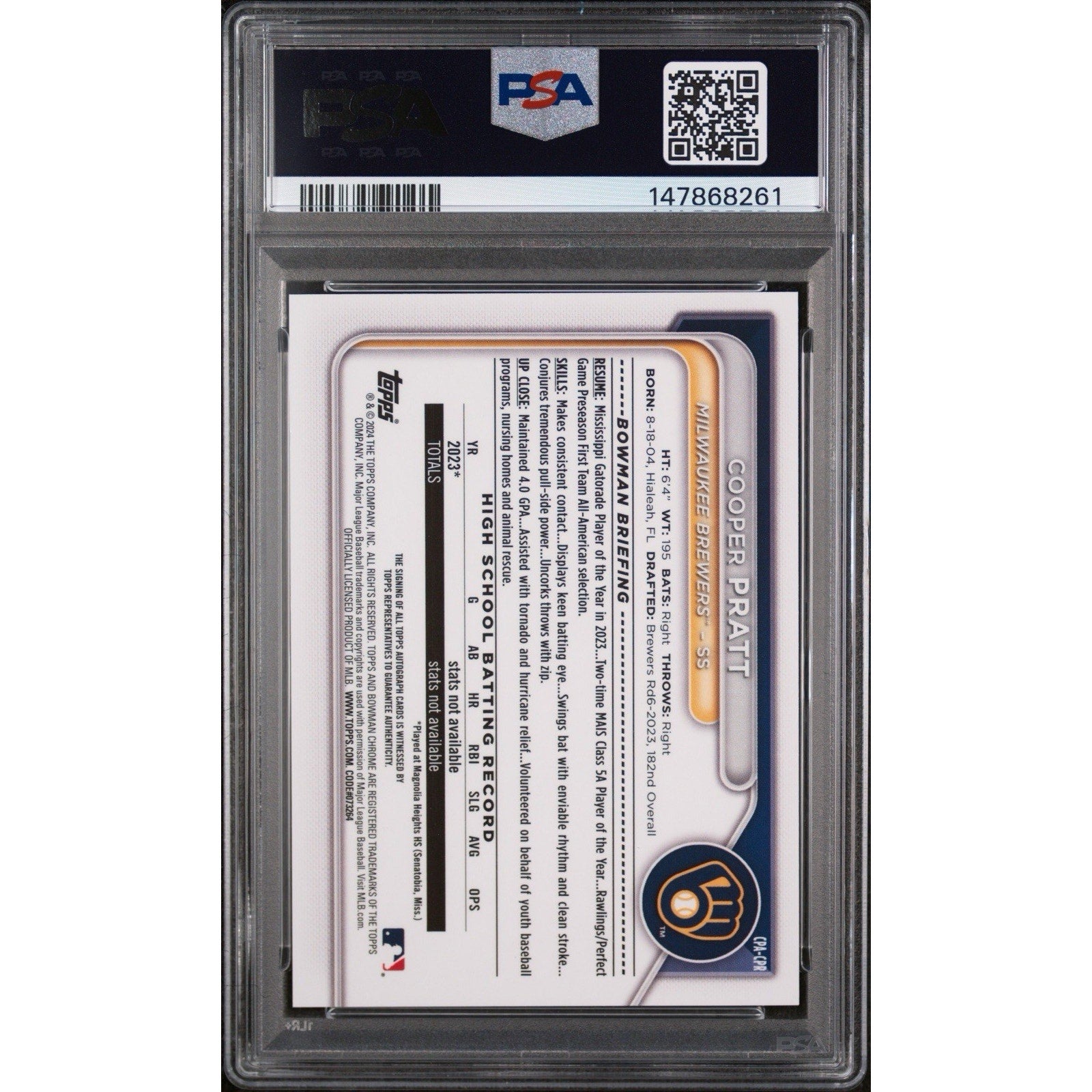 2024 Bowman Chrome Cooper Pratt Gold Shimmer Autograph #CPACPR PSA 9 Mint card back featuring prospect information and card details