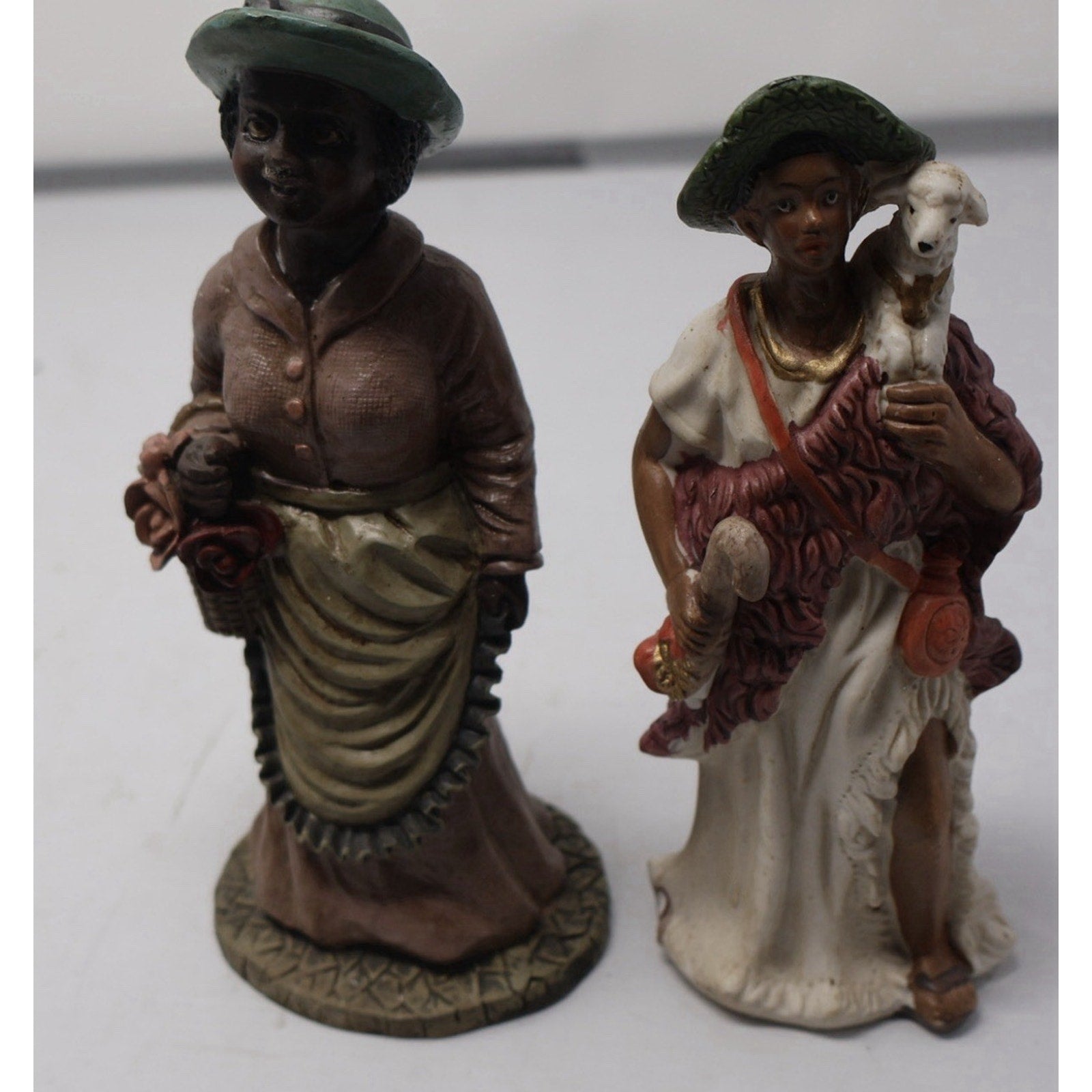 Vintage Folk Art Lady Figurines Lot 2 Woman With Lamb & Flower Basket Decor