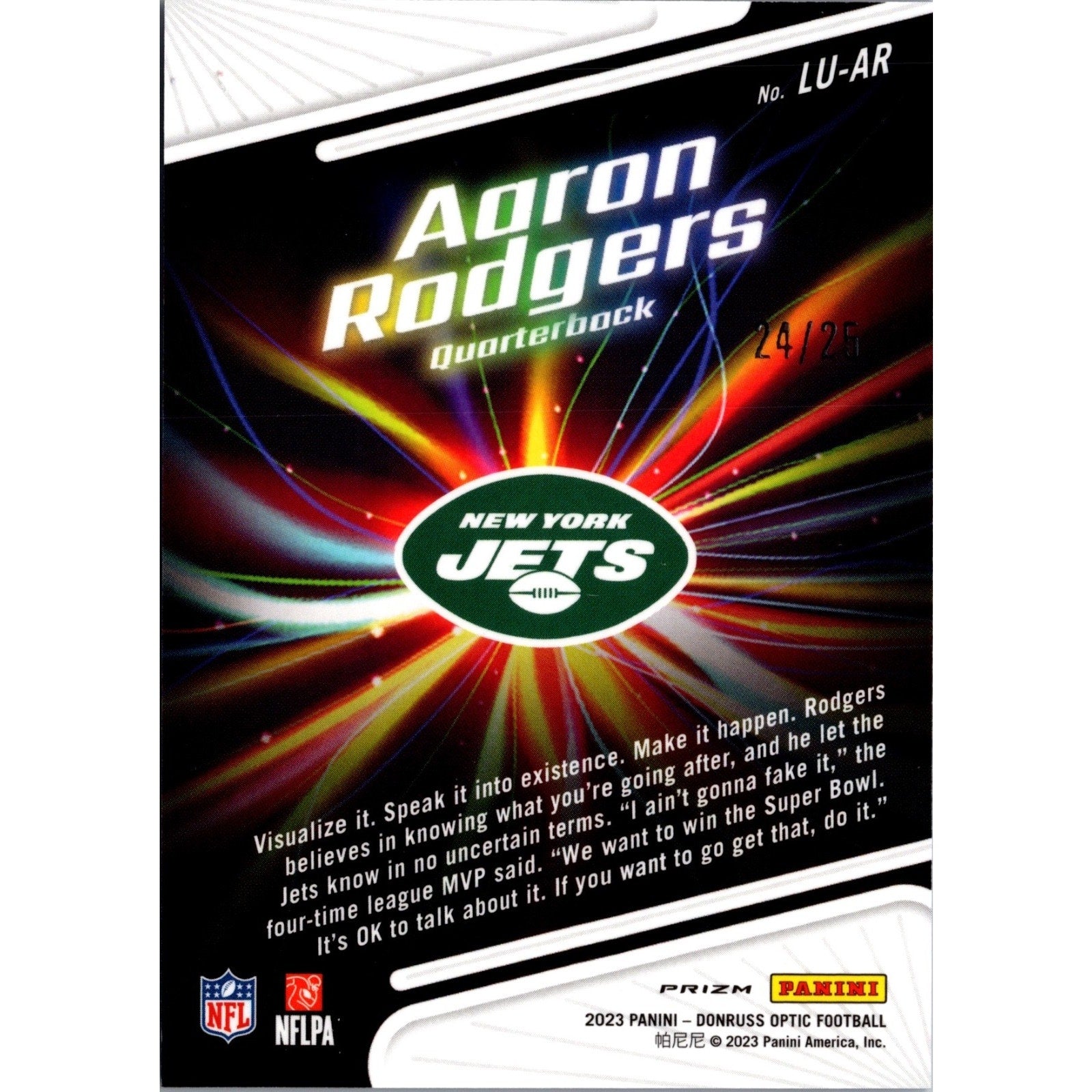 2023 Donruss Optic #LU-AR Aaron Rodgers Light It Up! Purple Stars /25 Steelers