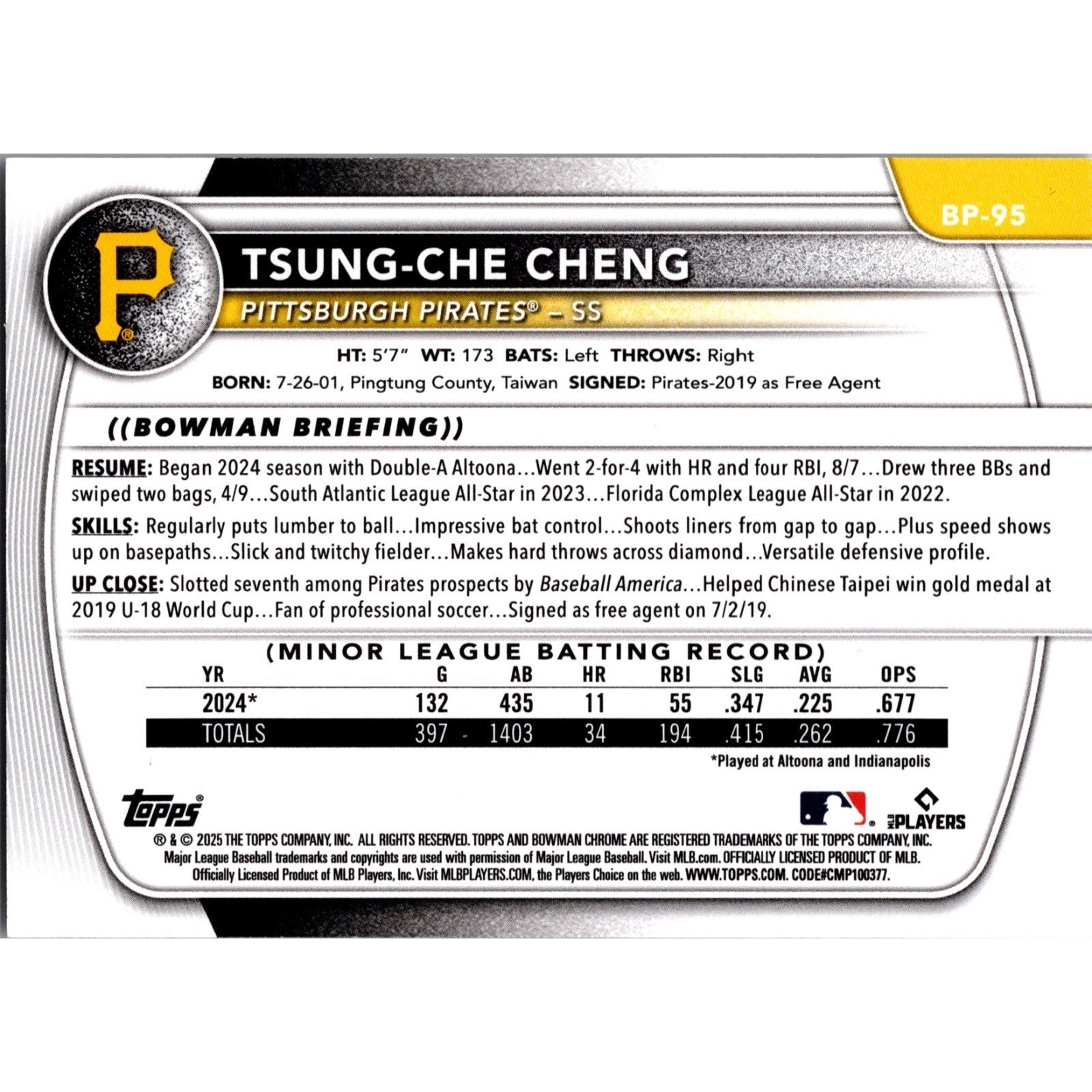 Tsung-Che Cheng 2025 Bowman Prospects Gold /50 #BP-95 Rookie RC