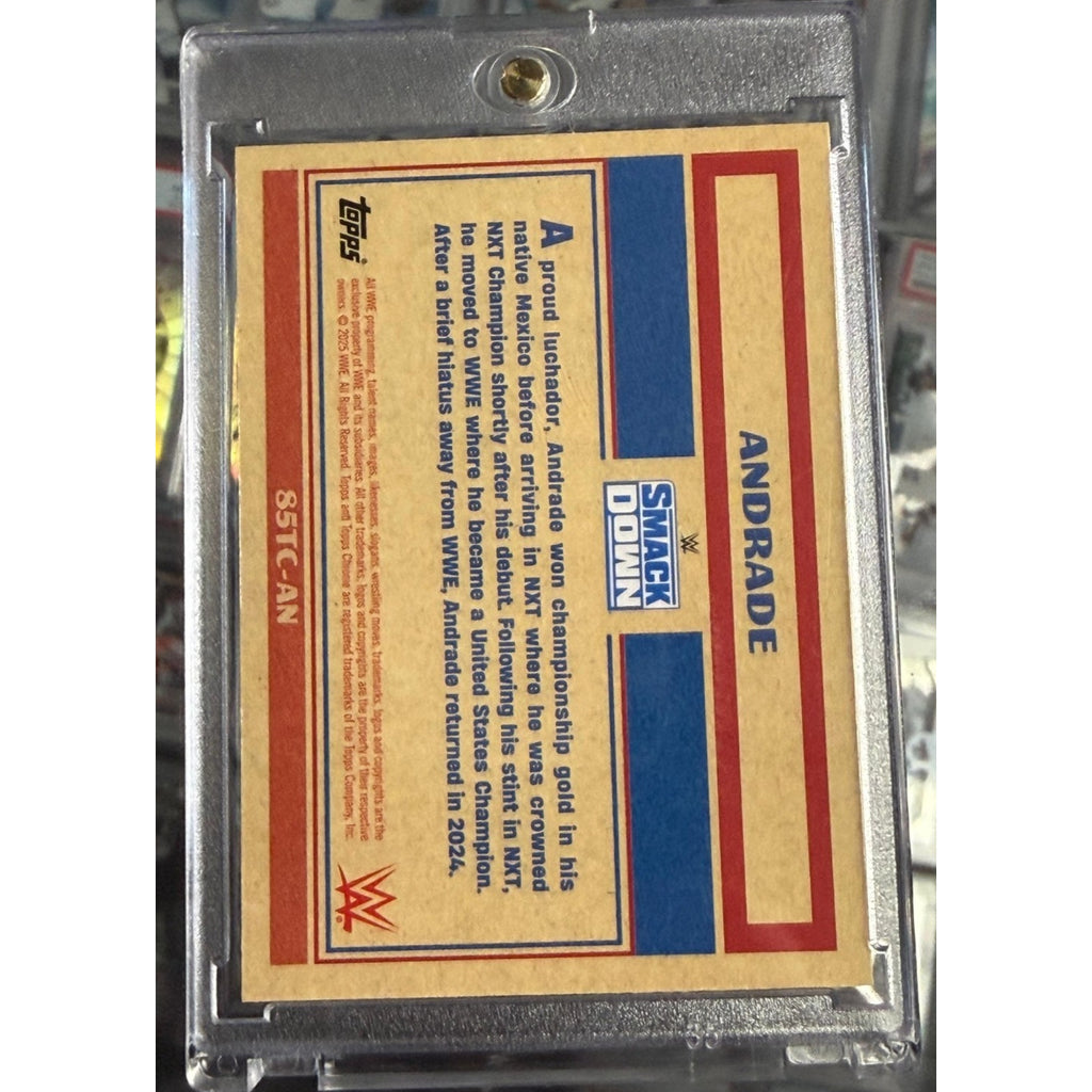 Back of 2025 Topps Chrome WWE Andrade 1985 Topps Tribute Green Refractor card serial numbered 28 of 99