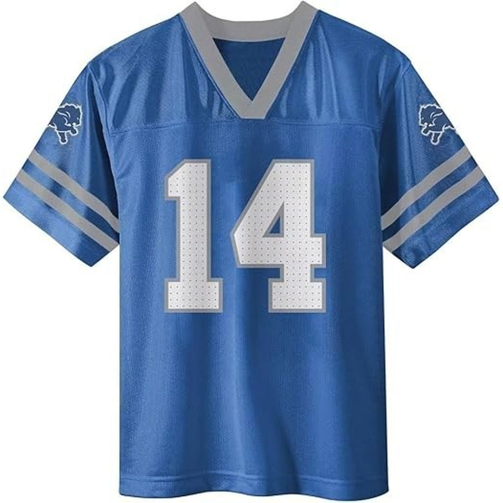 Front view of Amon-Ra St. Brown Detroit Lions kids jersey featuring number 14