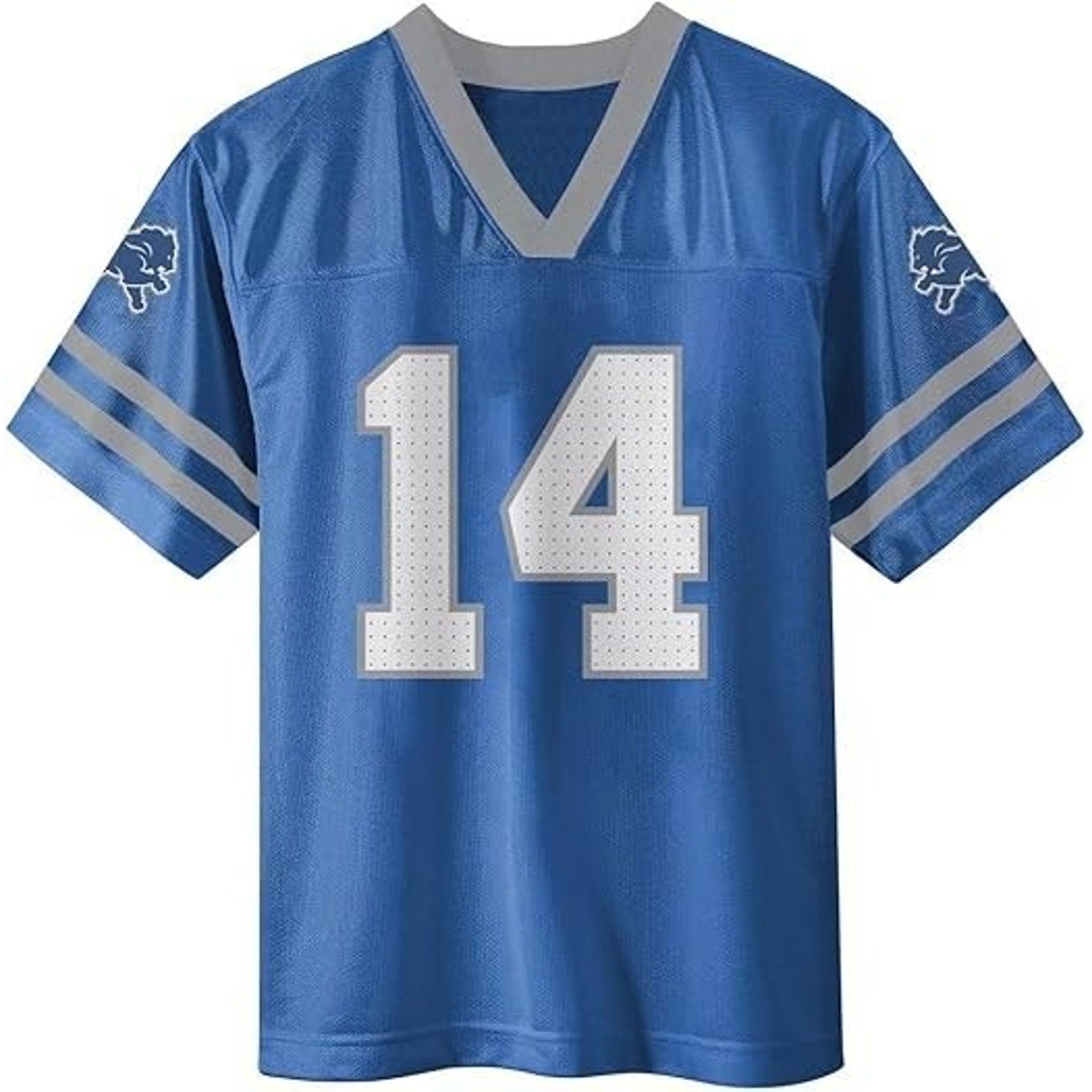 Front view of Amon-Ra St. Brown Detroit Lions kids jersey featuring number 14