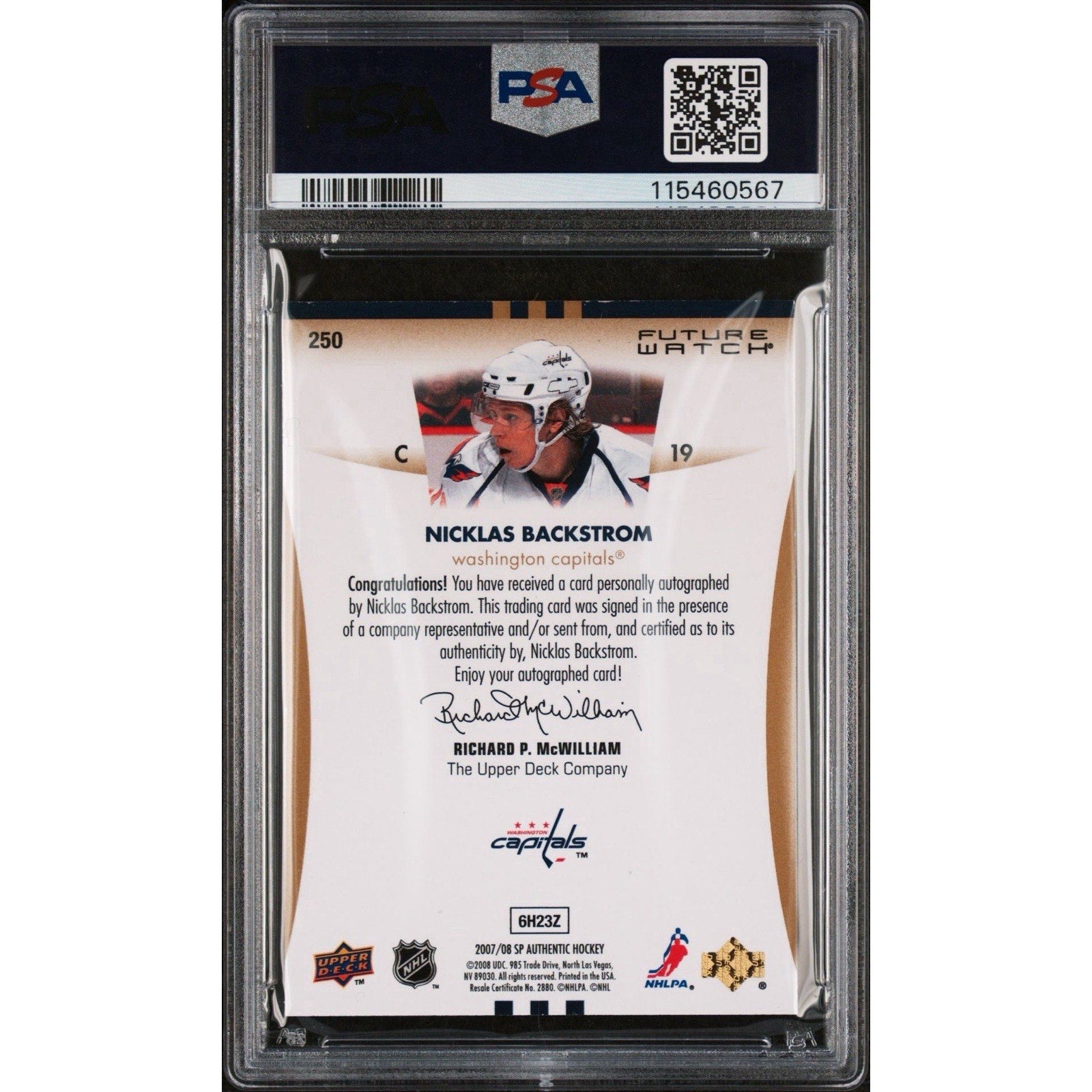2007 NICKLAS BACKSTROM Autograph SP #250 FUTURE WATCH ROOKIE AUTO /999 PSA RC