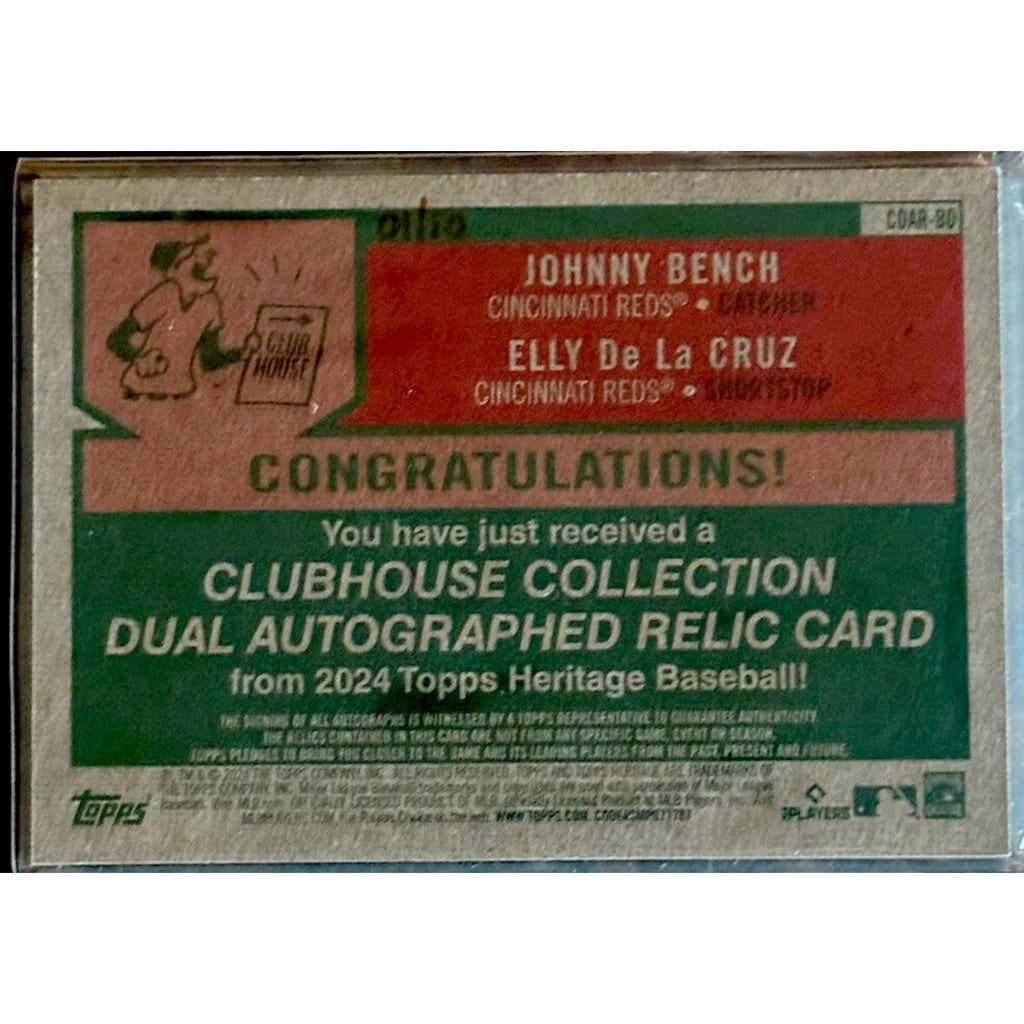 2024 Topps Heritage Clubhouse Dual Auto Relic Johnny Bench Elly De La Cruz /10