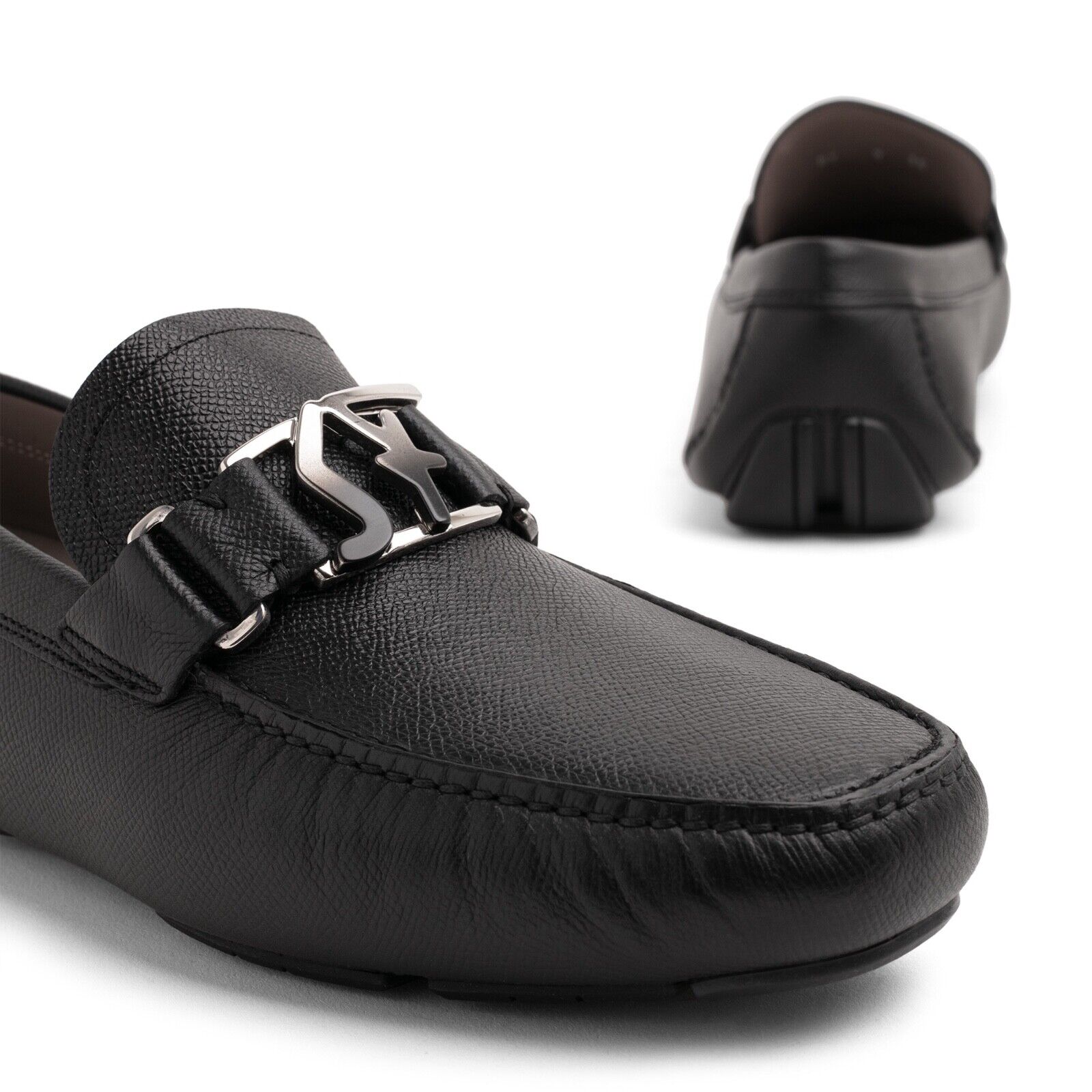 FERRAGAMO PETER BLACK LEATHER SF LOGO BUCKLE MOCCASIN DRIVING LOAFERS 6.5 EEE