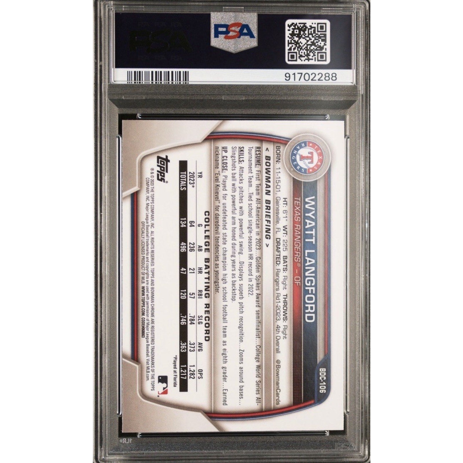 Wyatt Langford 2023 Bowman Draft 1st Chrome Lunar Glow Refractor PSA 10 Gem Mint