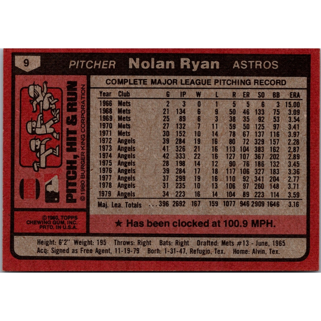NOLAN RYAN ~ 1980 Topps Burger King Pitch, Hit & Run #9 Mint ~ HOF-ASTROS