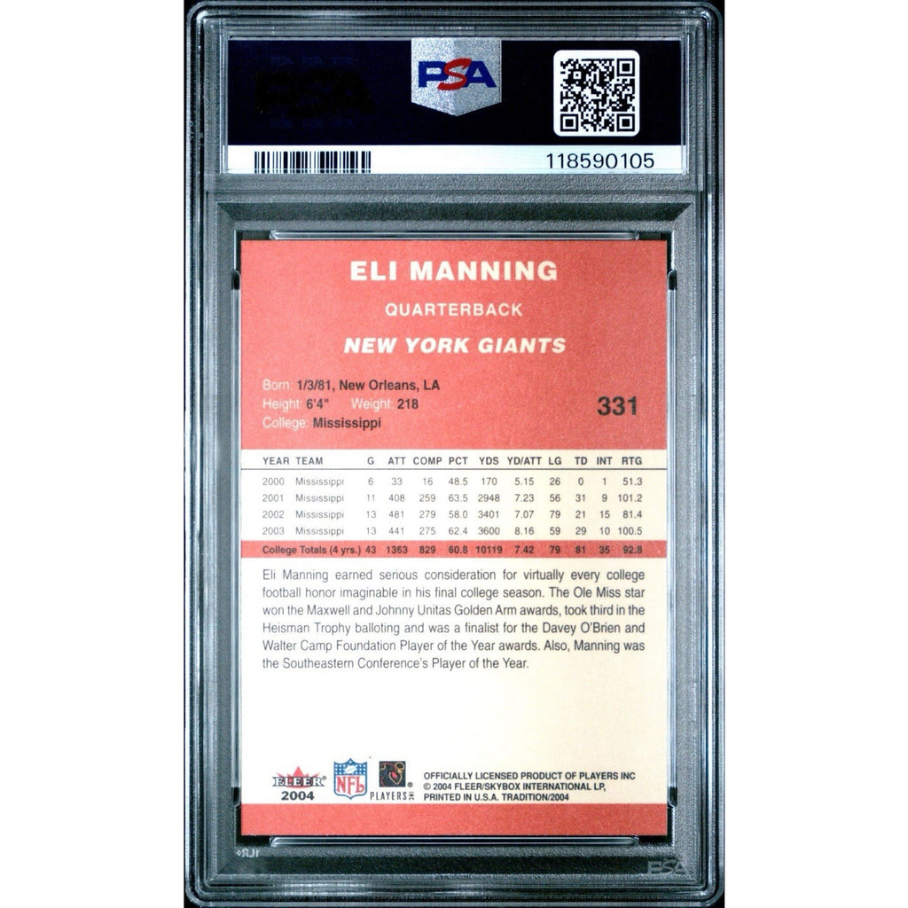 2004 Fleer Tradition Eli Manning Rookie Card #331 PSA 10 Gem Mint RC Giants NFL