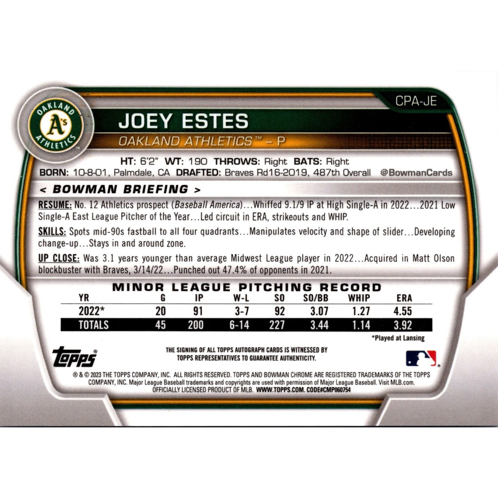 2023 Bowman #CPA-JE Joey Estes Purple Refractor Auto Oakland Athletics