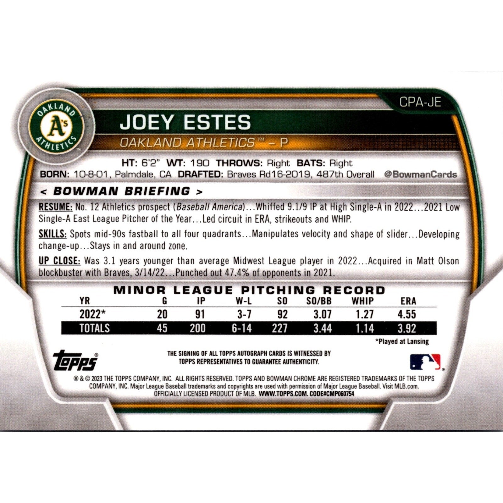 2023 Bowman #CPA-JE Joey Estes Purple Refractor Auto Oakland Athletics