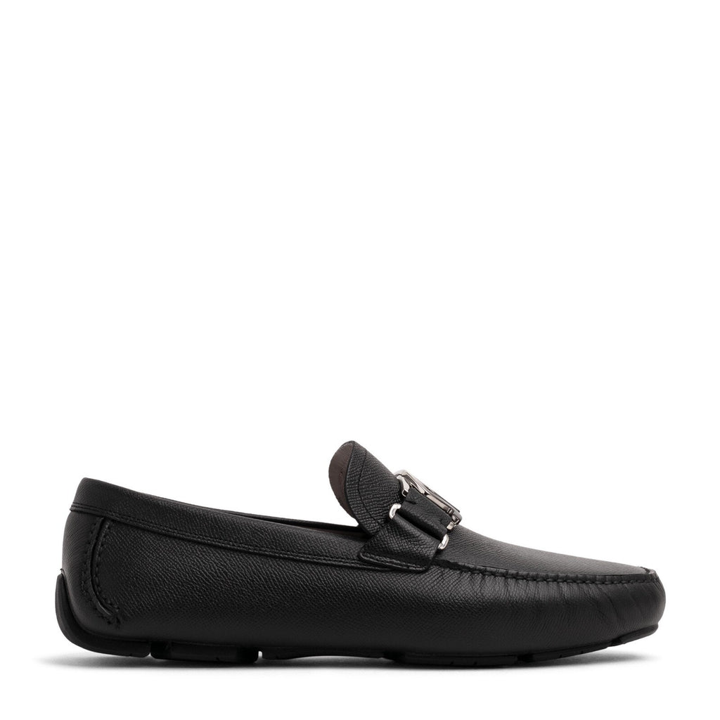 FERRAGAMO PETER BLACK LEATHER SF LOGO BUCKLE MOCCASIN DRIVING LOAFERS 6.5 EEE