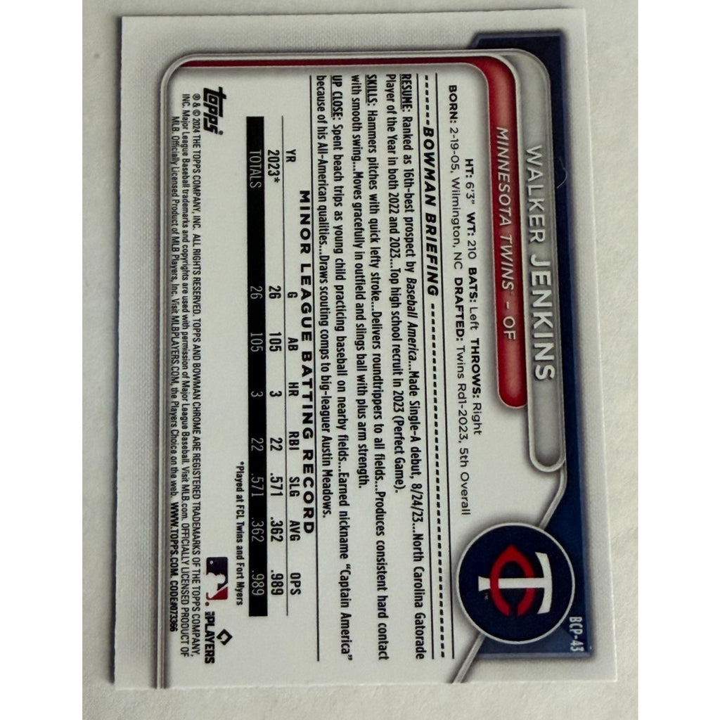 2024 Bowman Chrome 1st Blue Mojo Refractor Walker Jenkins Minnesota Twins /150