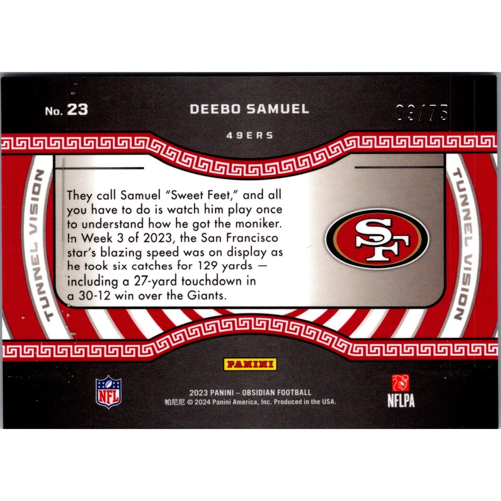 Deebo Samuel 2023 Panini Obsidian Football Tunnel Vision Purple #23 /75
