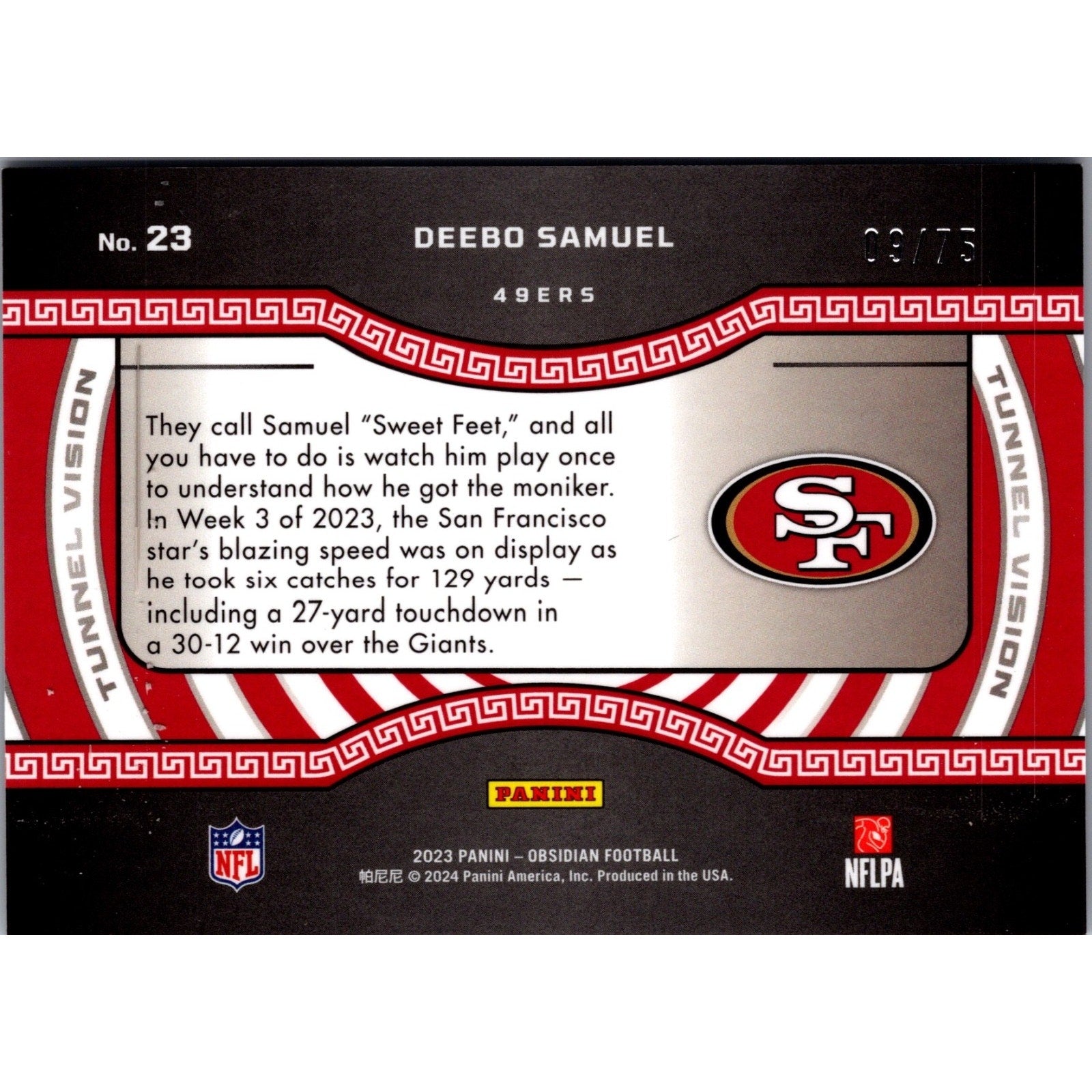 Deebo Samuel 2023 Panini Obsidian Football Tunnel Vision Purple #23 /75