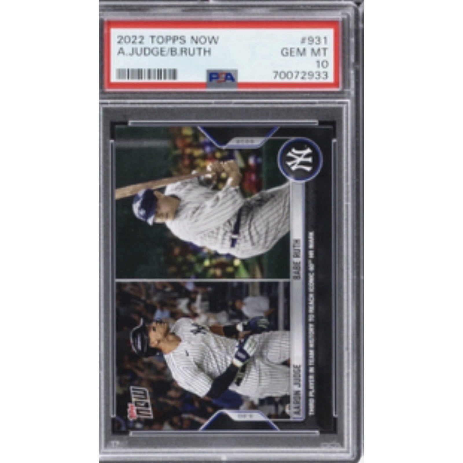 2022 Topps Now 60 HRs Aaron Judge / Babe Ruth #931 PSA 10 GEM-MT