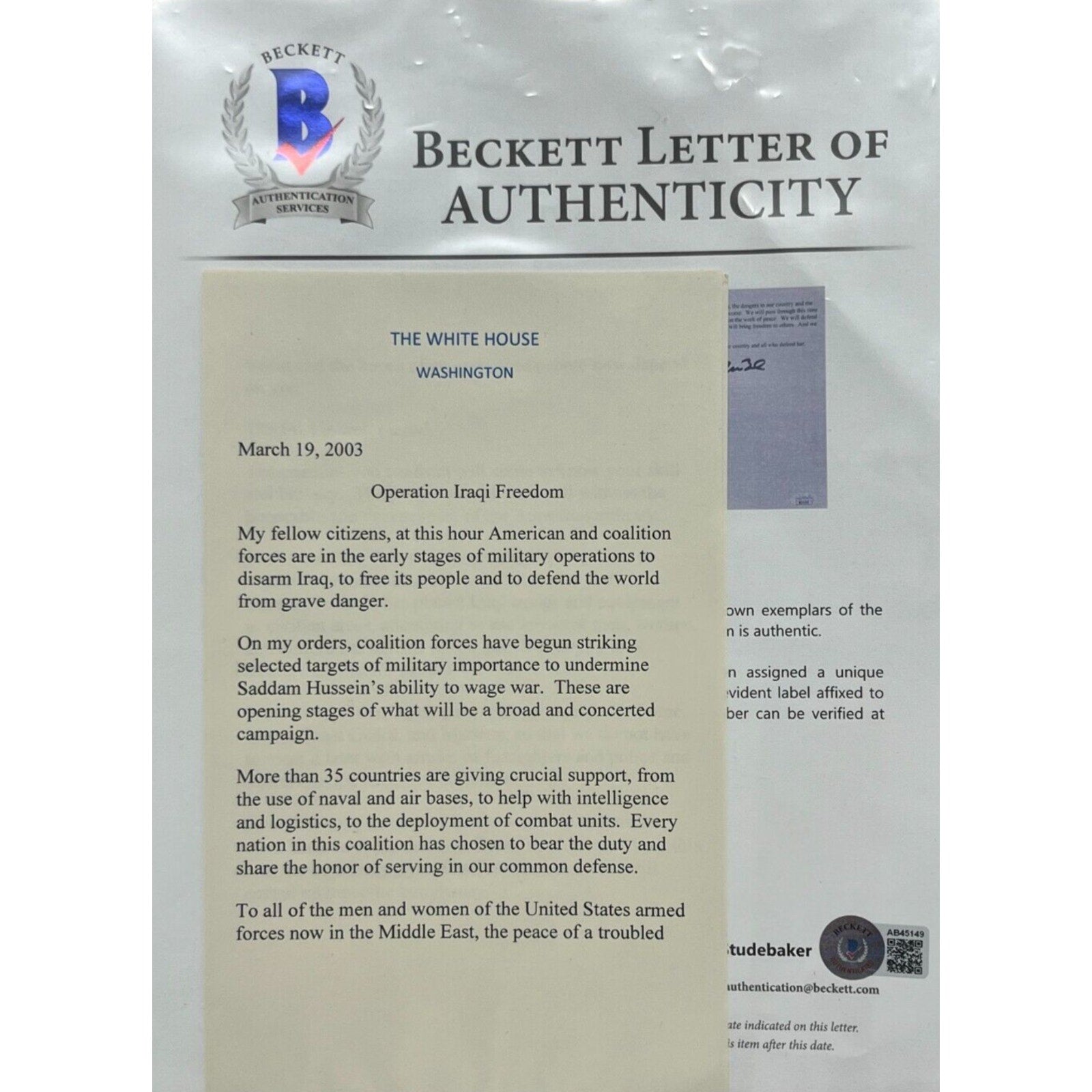 43 President George W Bush USA Signed Speech Operation Iraqi Freedom Beckett COA