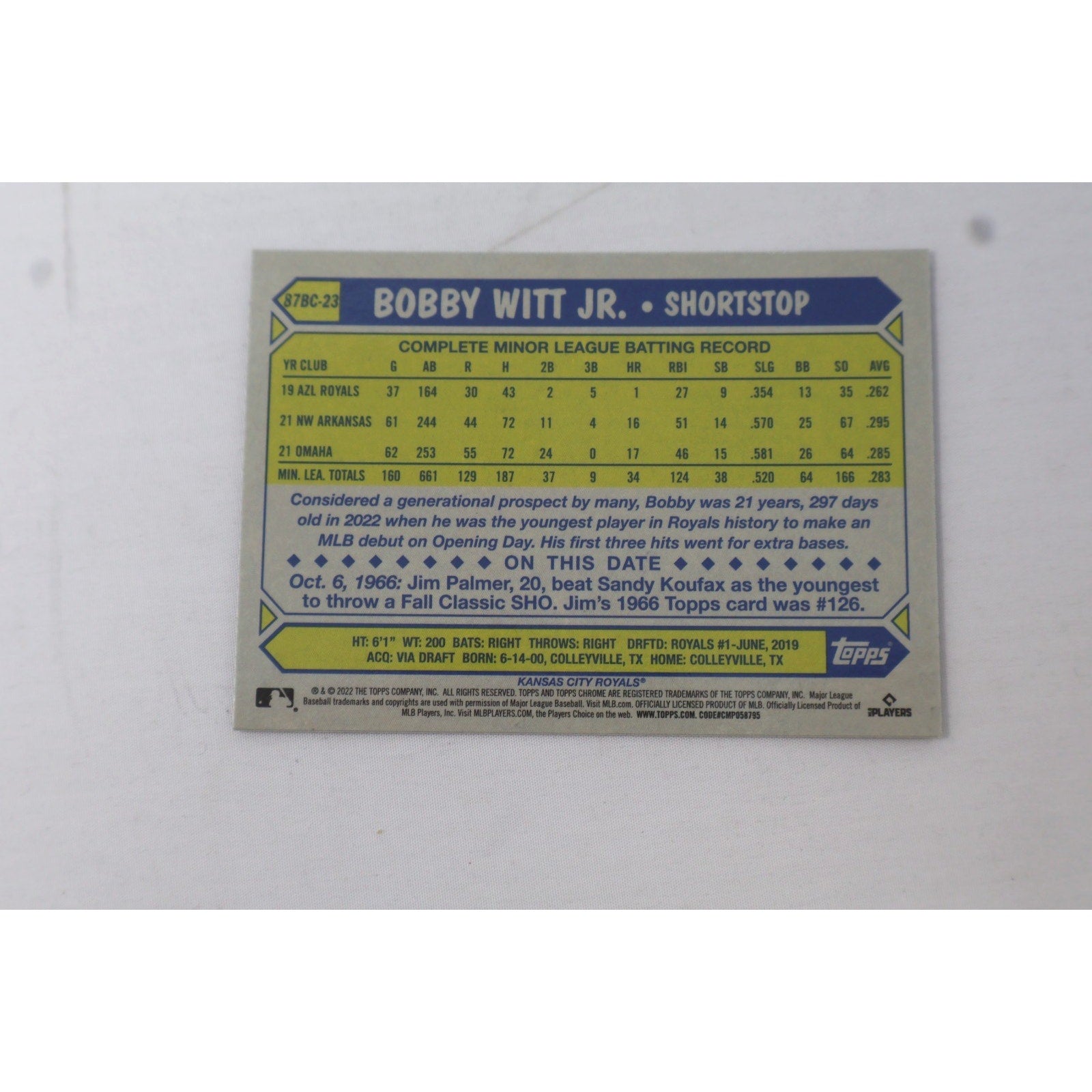BOBBY WITT JR 2022 Topps Chrome Ben Baller Rookie 1987 87BC-23 RC Pristine Shape