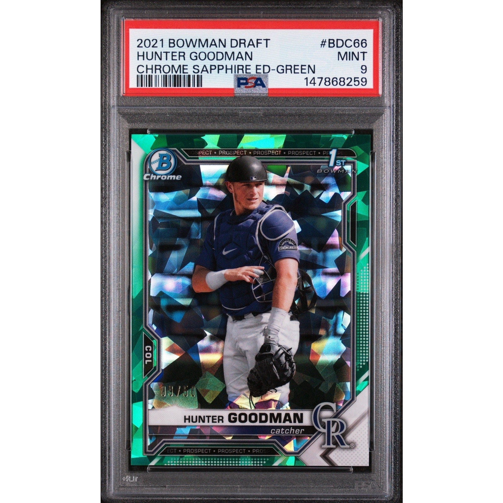 2021 BOWMAN DRAFT CHROME SAPPHIRE EDITION #BDC66 HUNTER GOODMAN GREEN /50 PSA 9