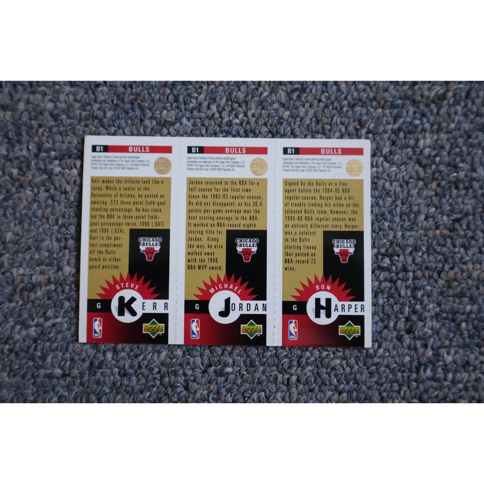 1997 Upper Deck Triple Gold #B1 Michael Jordan, Steve Kerr, Ron Harper Bulls NM