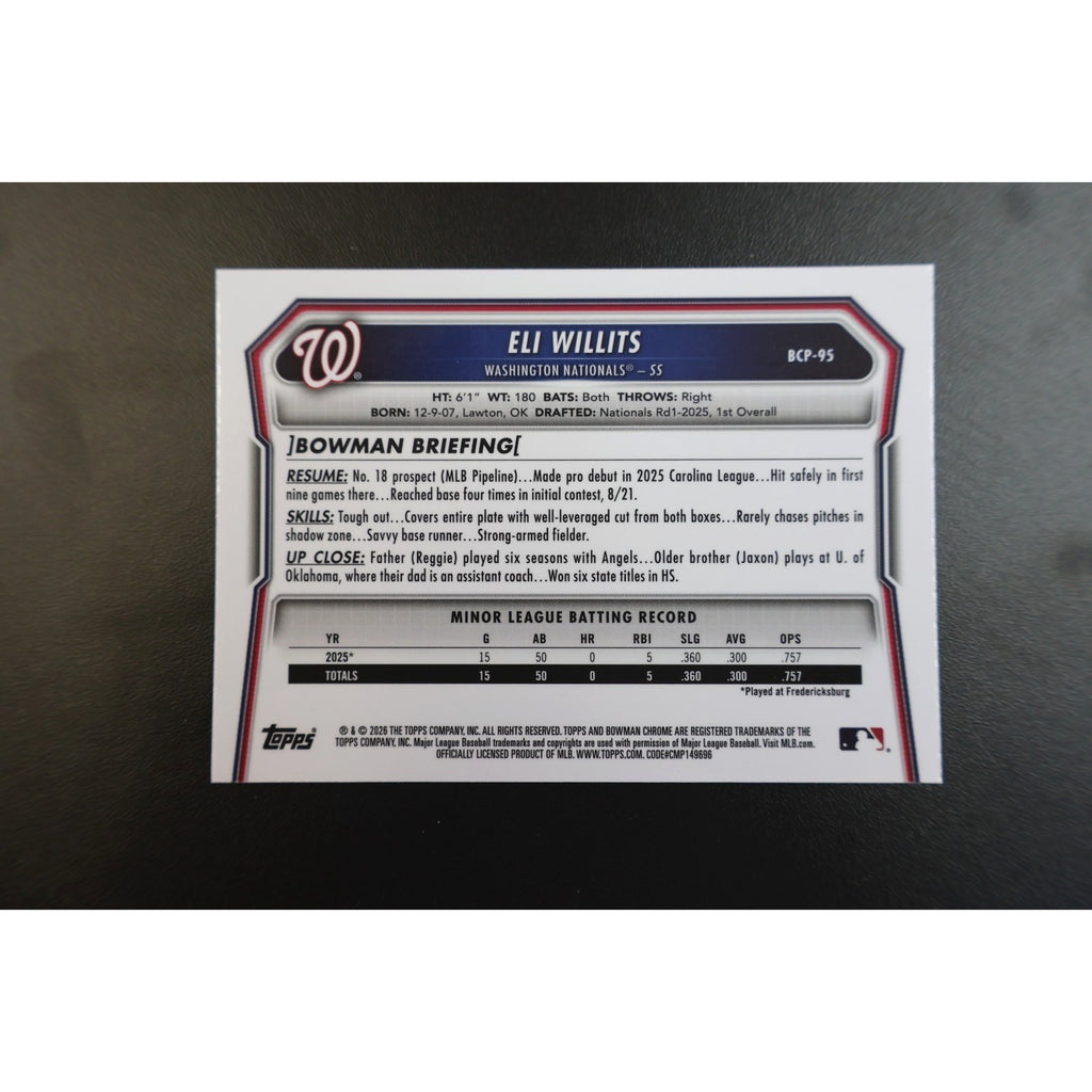 Eli Willits 2026 Bowman Chrome Green Mojo Refractor Rookie /99 BCP-95 RC Mint