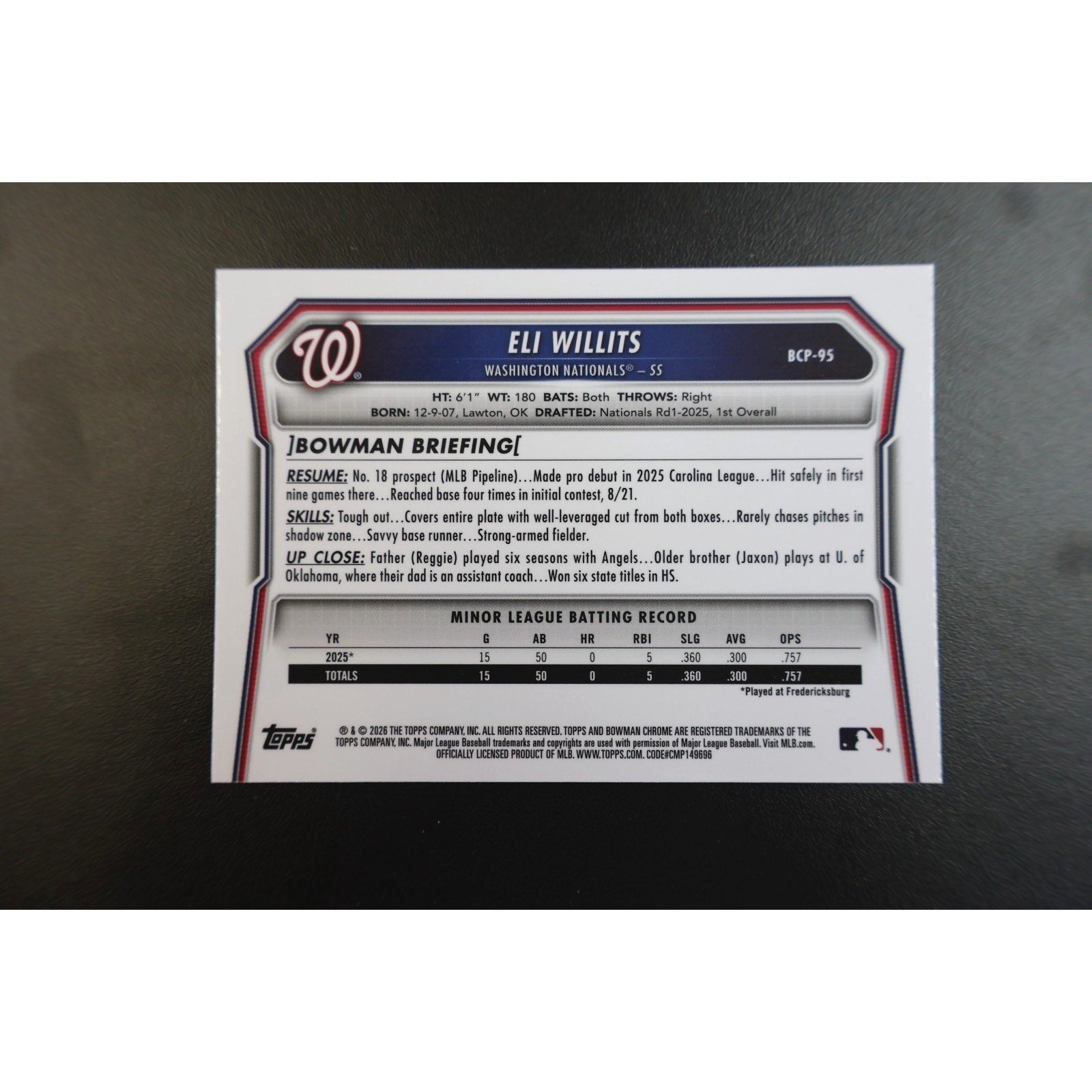 Eli Willits 2026 Bowman Chrome Green Mojo Refractor Rookie /99 BCP-95 RC Mint