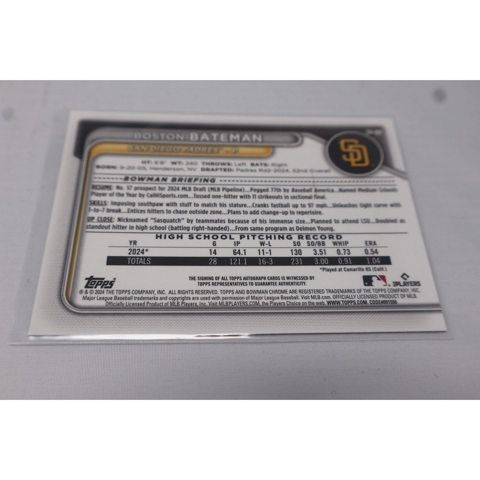 Boston Bateman 2024 1st Bowman Chrome Auto #CPA-BBA Signed Rookie Card RC