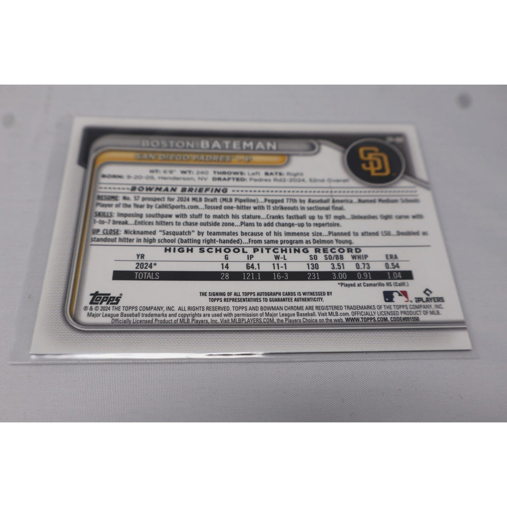 Boston Bateman 2024 1st Bowman Chrome Auto #CPA-BBA Signed Rookie Card RC