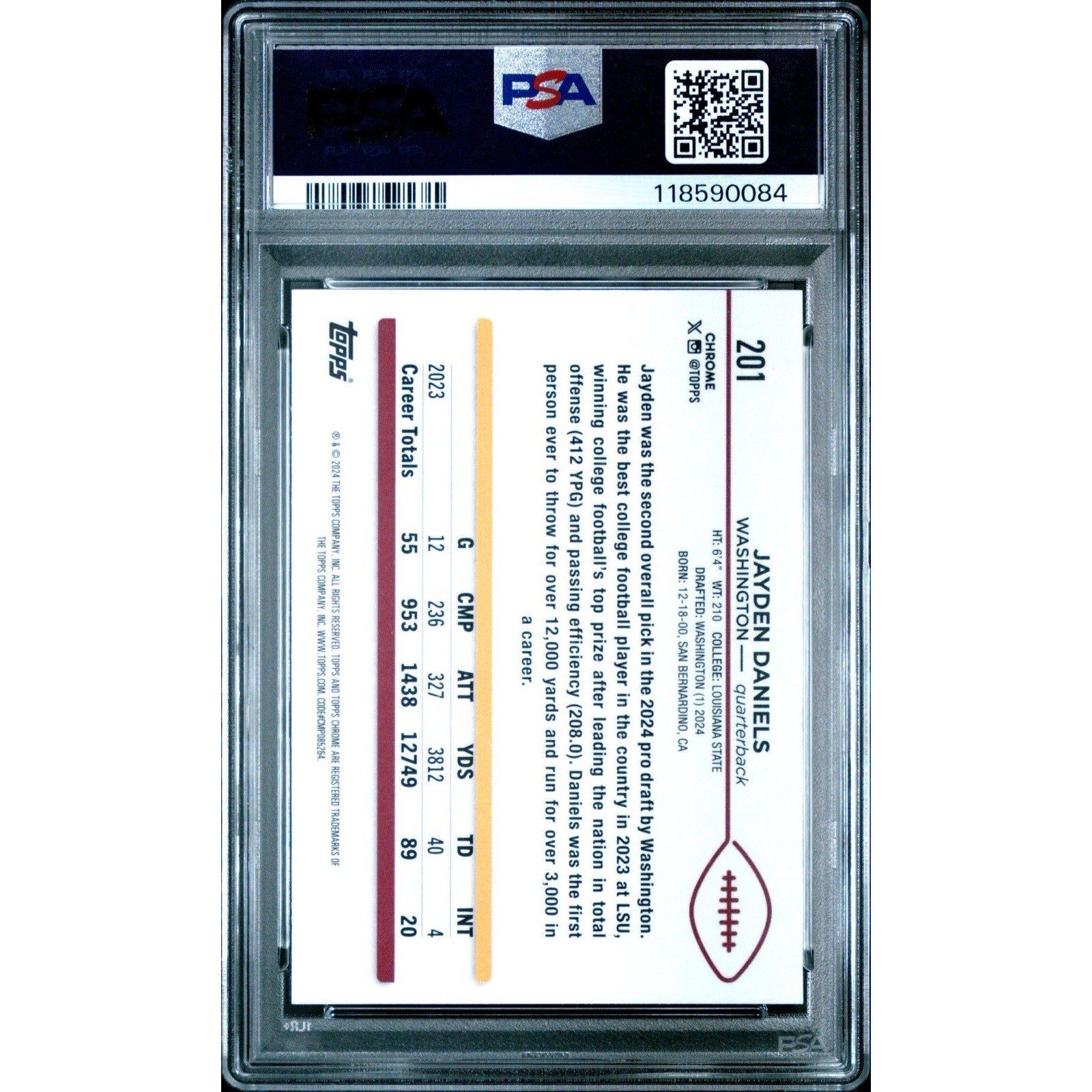 JAYDEN DANIELS 2024 TOPPS CHROME ROOKIE RC #201 PSA 9 MINT Commanders NFL