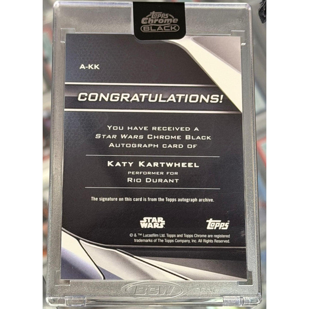 Back of 2025 Topps Chrome Black Star Wars Rio Durant autograph card showing certification details and serial numbering