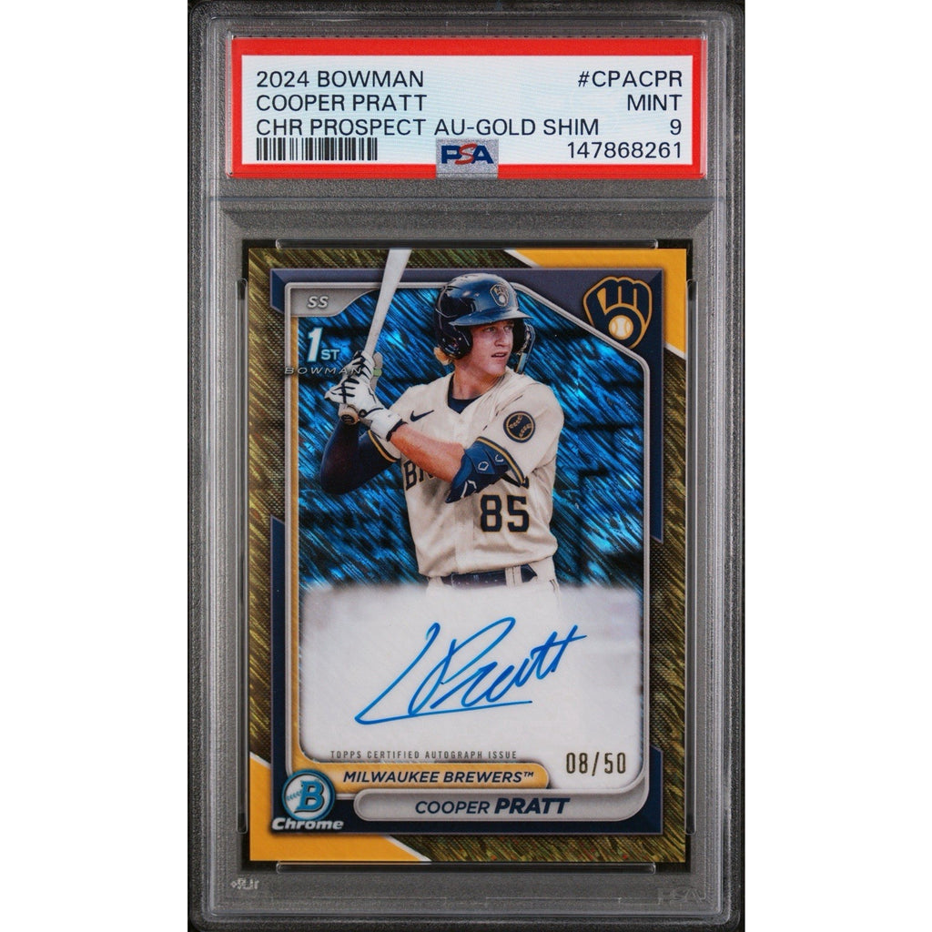 2024 Bowman Chrome Cooper Pratt Gold Shimmer Autograph #CPACPR /50 PSA 9 Mint Milwaukee Brewers prospect card front